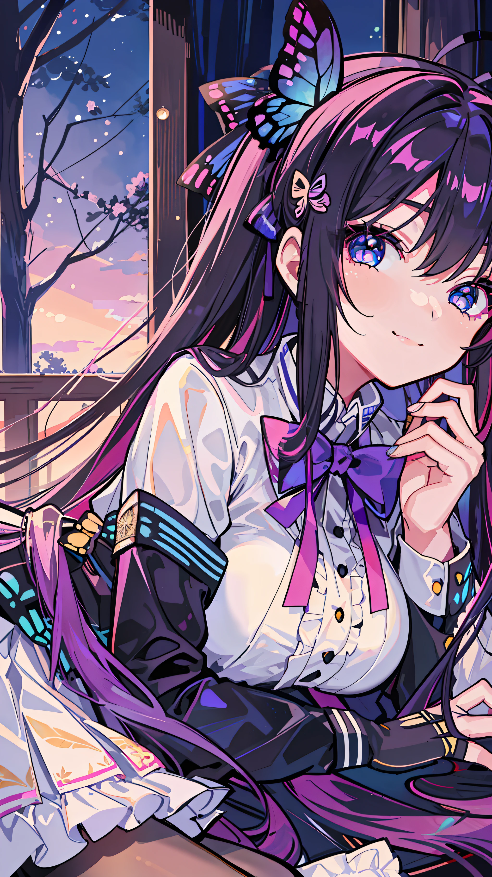 masterpiece, best quality, against backlight at dusk, in a meadow, girl, very long hair, beautiful detailed eyes, gradient_eyes, looking at viewer, half-closed eyes, seductive smile, large breasts, school uniform, hair_ribbon, white pantyhose, fingerless_gloves, lying,multi-tied hair, butterfly hair ornament,
