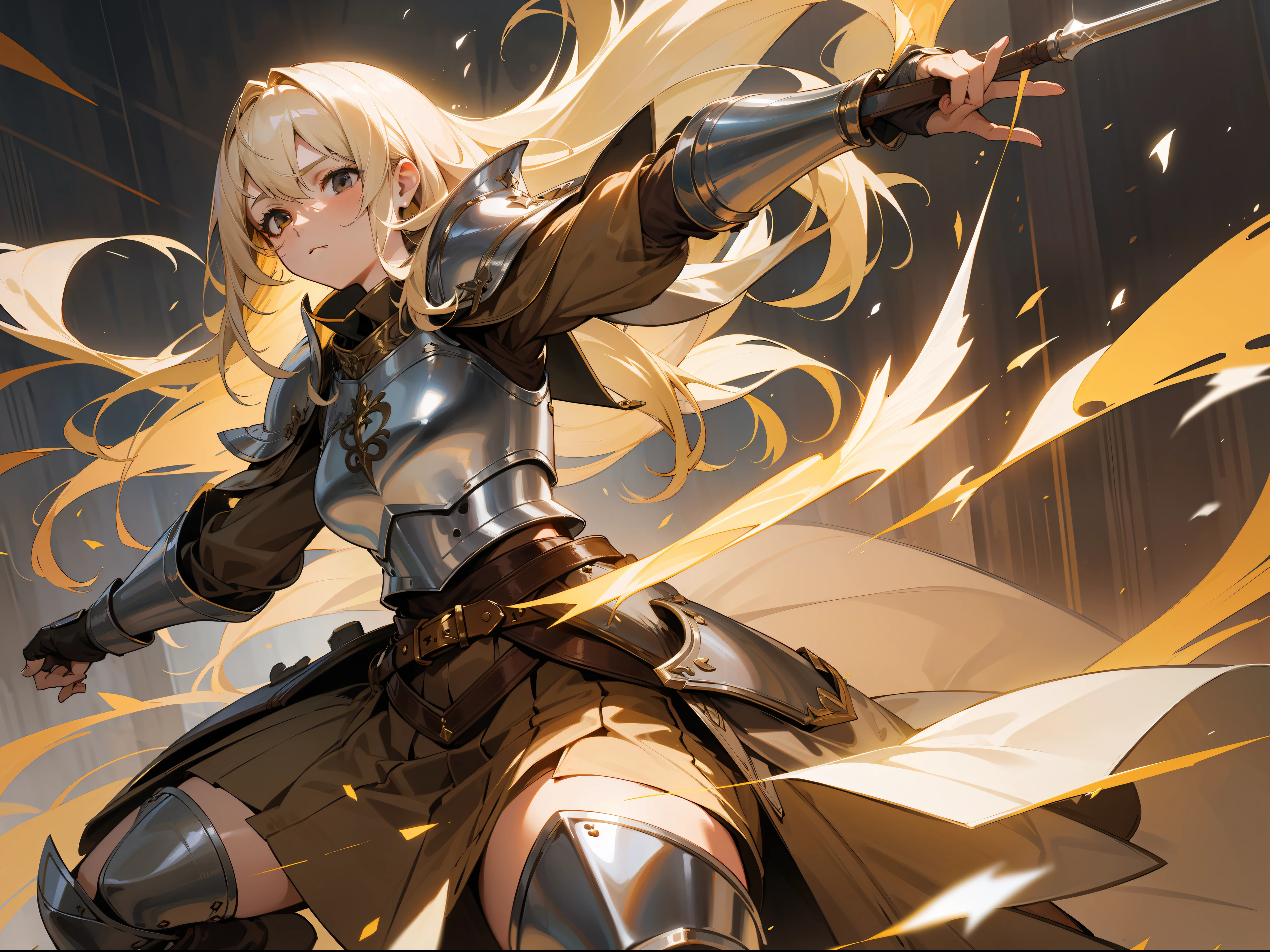 masterpiece, best quality, mature woman, warrior, long light blonde hair, brown clothing, silver breastplate, silver shin guard, belt, skirt, costume, medieval, in a battle arena, dynamic pose, beautiful detailed glow.