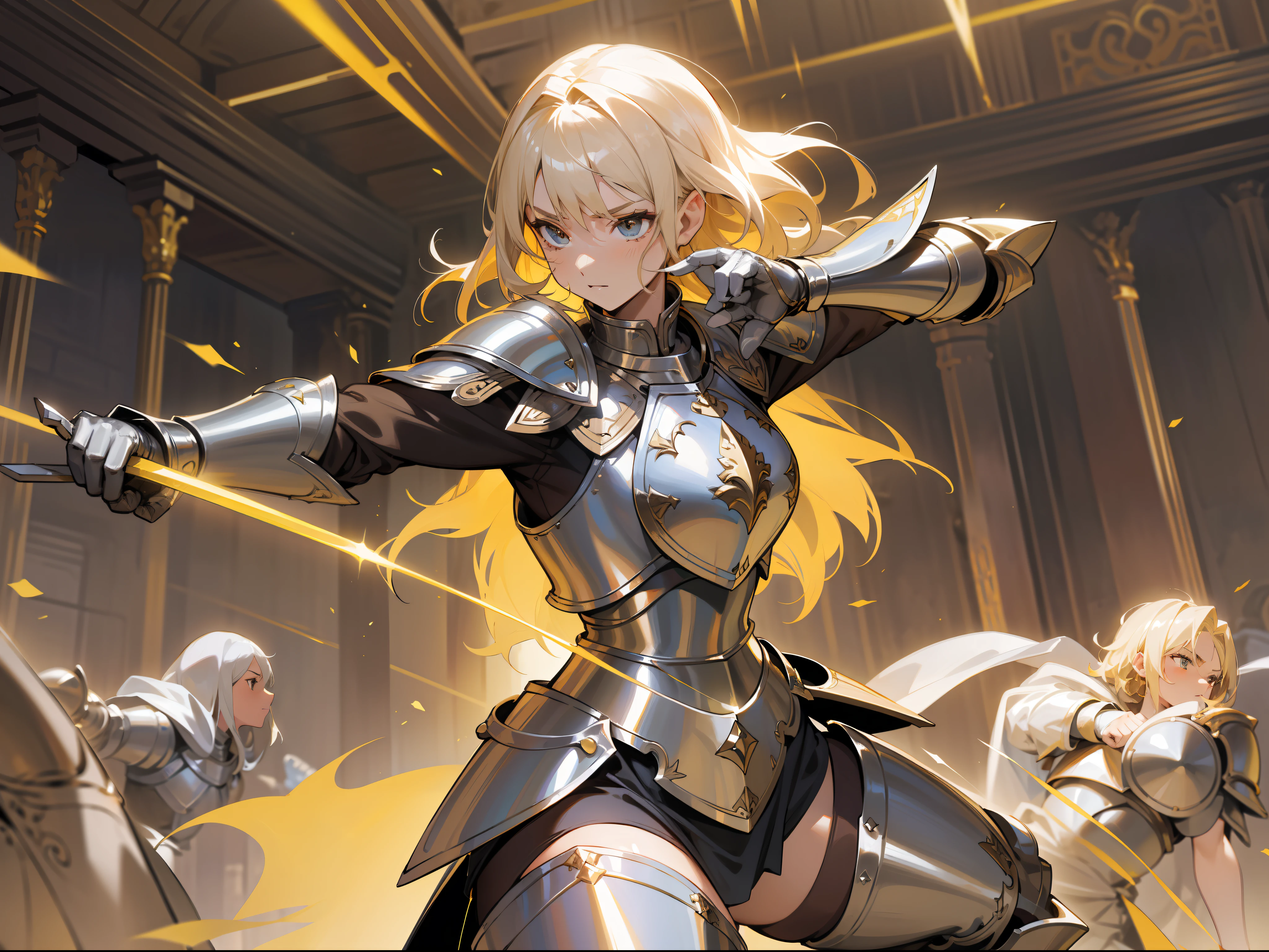 masterpiece, best quality, mature woman, paladin, light blonde hair, simple brown clothing, simple silver pectoral armor, simple silver shin guard, fantasy, medieval, in a battle arena, dynamic pose, beautiful detailed glow.