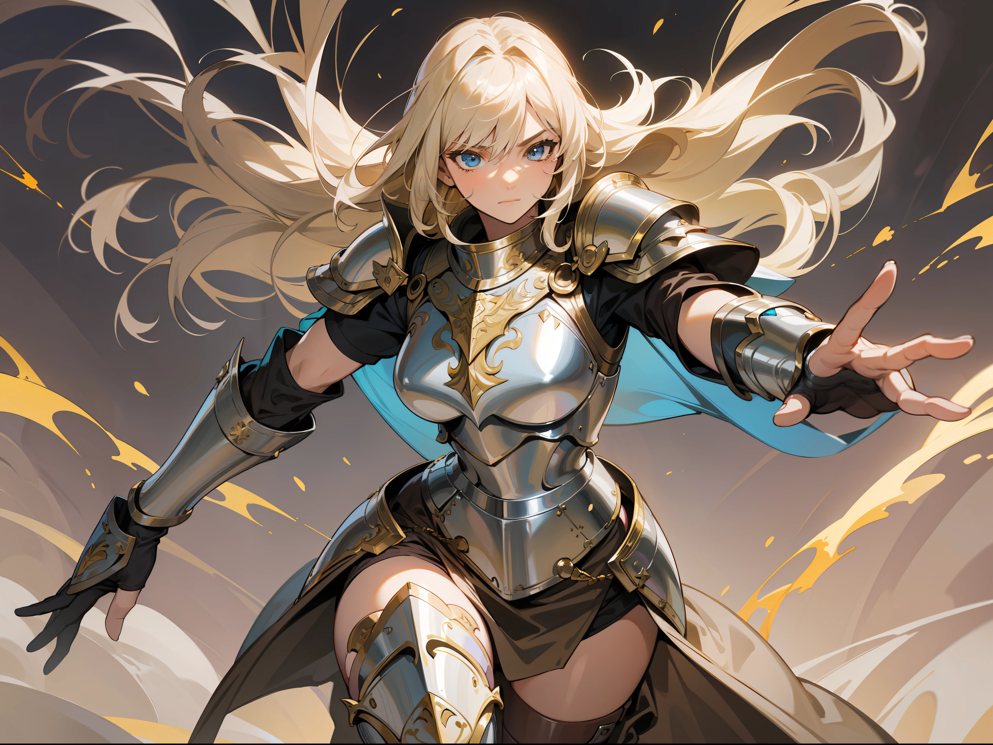 masterpiece, best quality, mature woman, paladin, light blonde hair, simple brown clothing, simple silver pectoral armor, simple silver shin guard, fantasy, medieval, in a battle arena, dynamic pose, beautiful detailed glow.
