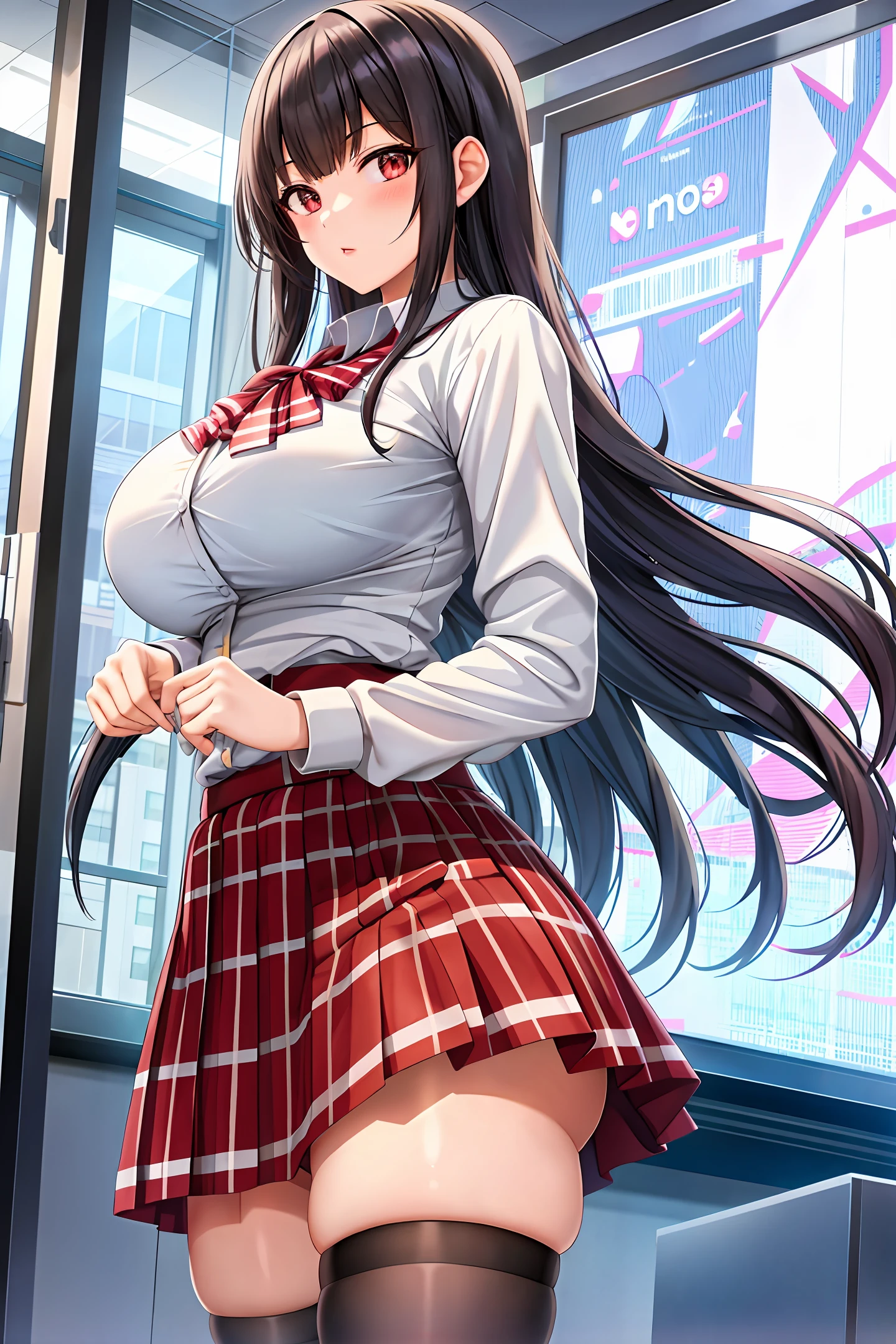 High school girl in white blouse and red checked skirt, red checked skirt, long black hair untied, pinched eyes, long lashes, well-styled and rather large breasts, white underwear and skirt rolled up, posing emphasizing big breasts, naughty large breasts, naughty thighs, naughty anime style, beautiful anime schoolgirl, surreal schoolgirl, surreal schoolgirls, seductive anime girls, realistic schoolgirls, emphasized big breasts, naughty anime style, naughty thighs, naughty thighs, smooth anime CG art, surreal schoolgirls, surreal schoolgirls, seductive anime girls, realistic schoolgirls, smooth anime CG art, anime girls, beautiful anime schoolgirls, beautiful anime girlsRendering, beautiful charming, anime teen, naughty anime style, photorealistic anime girl