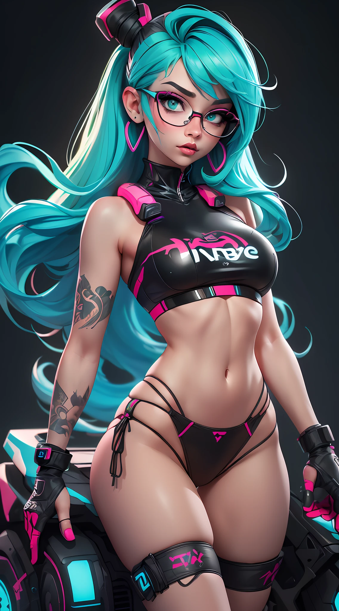 ((Best Quality)), ((Masterpiece)), ((Realistic)) and ultra-detailed photography of a 1nerdy girl with goth and neon colors. She has ((turquoise hair)), wears a (tech-wear top) and a (black thong, red pattern:1.2) , ((beautiful and aesthetic)), sexy, under-boobs, hot