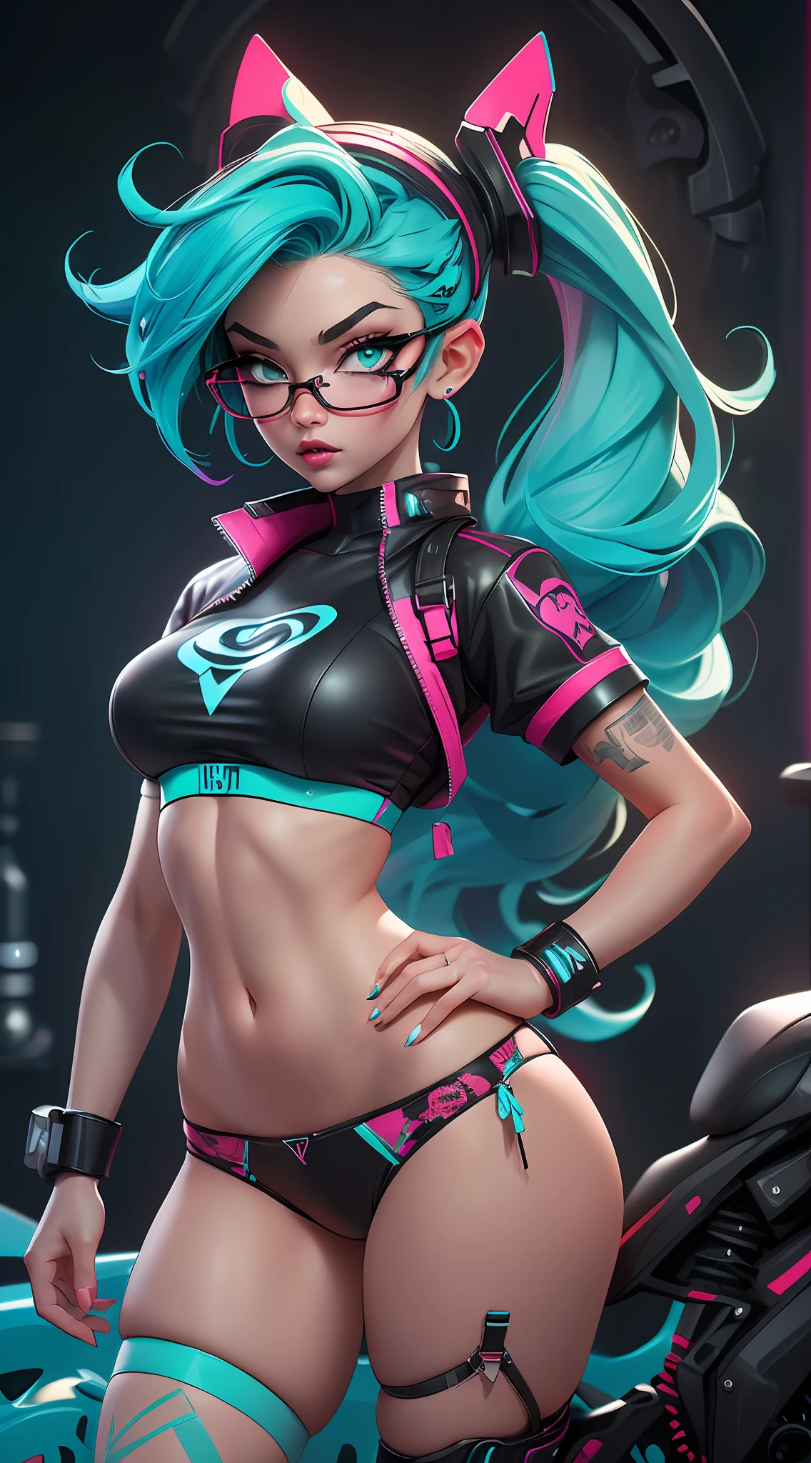 ((Best Quality)), ((Masterpiece)), ((Realistic)) and ultra-detailed photography of a 1nerdy girl with goth and neon colors. She has ((turquoise hair)), wears a (tech-wear top) and a (black thong, red pattern:1.2) , ((beautiful and aesthetic)), sexy, under-boobs, hot