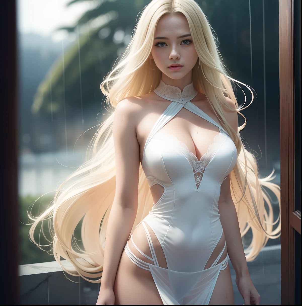cinematic shot, centered, cinematography, intricately detailed, crafted, meticulous, magnificent, maximum details, extremely hyper aesthetic, (((1girl, solo))), 18age, long hair, Blonde hair, white skin, blonde hair, dress, Realistic, cleavage, rain, wet, sweat, see-through, covered,very thin and long legs,viewers can see the whole body,standing