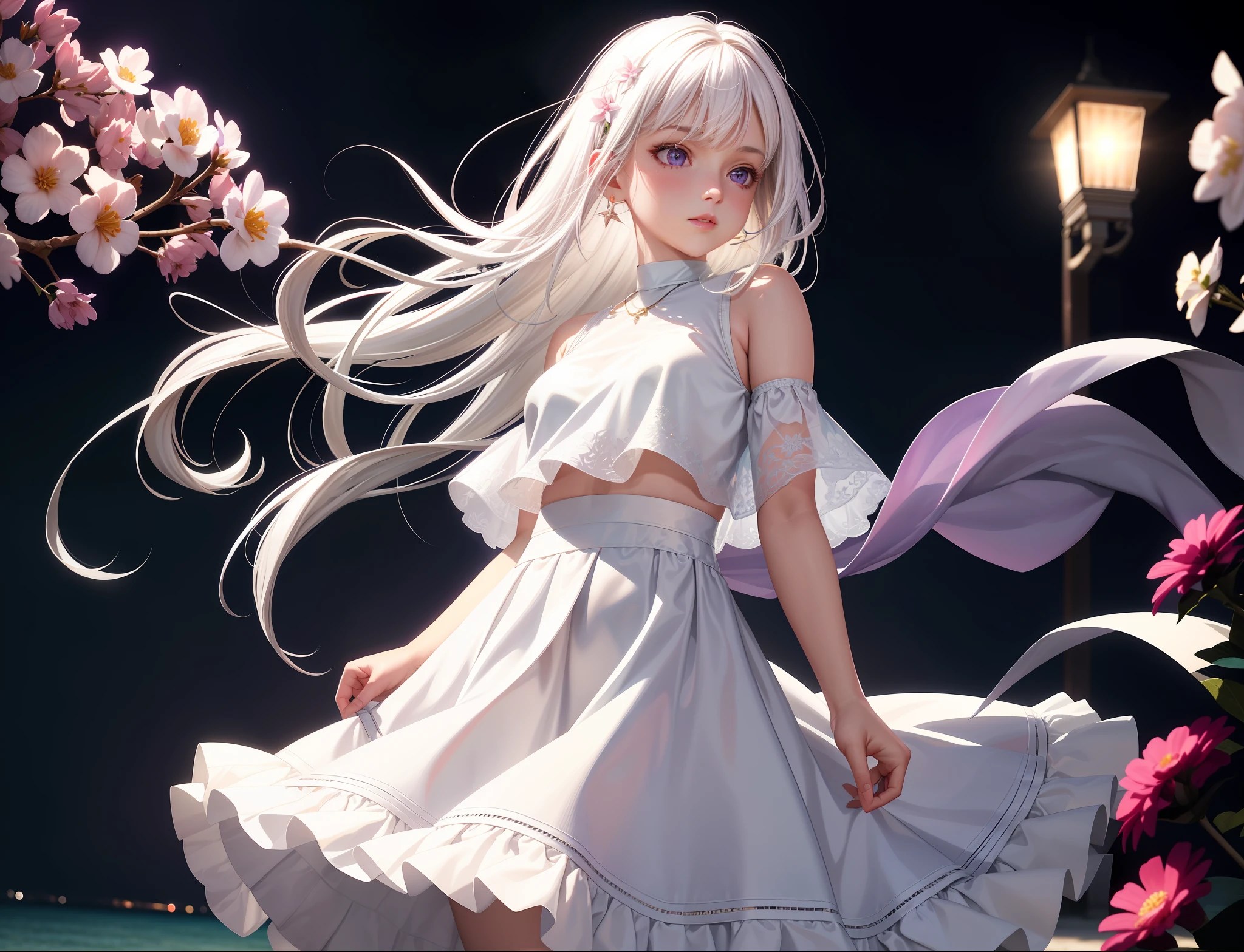 Realistic, 1girl, white hair, purple eyes, glowing eyes, cropped top, skirt, parted lips, blush, night, flowers, sun, sunlight, white skirt, short skirt, medium length hair, real, warm colors, white short Dress, white clothes, light background color, day environment, bright color background, saudi, ocean, cute,