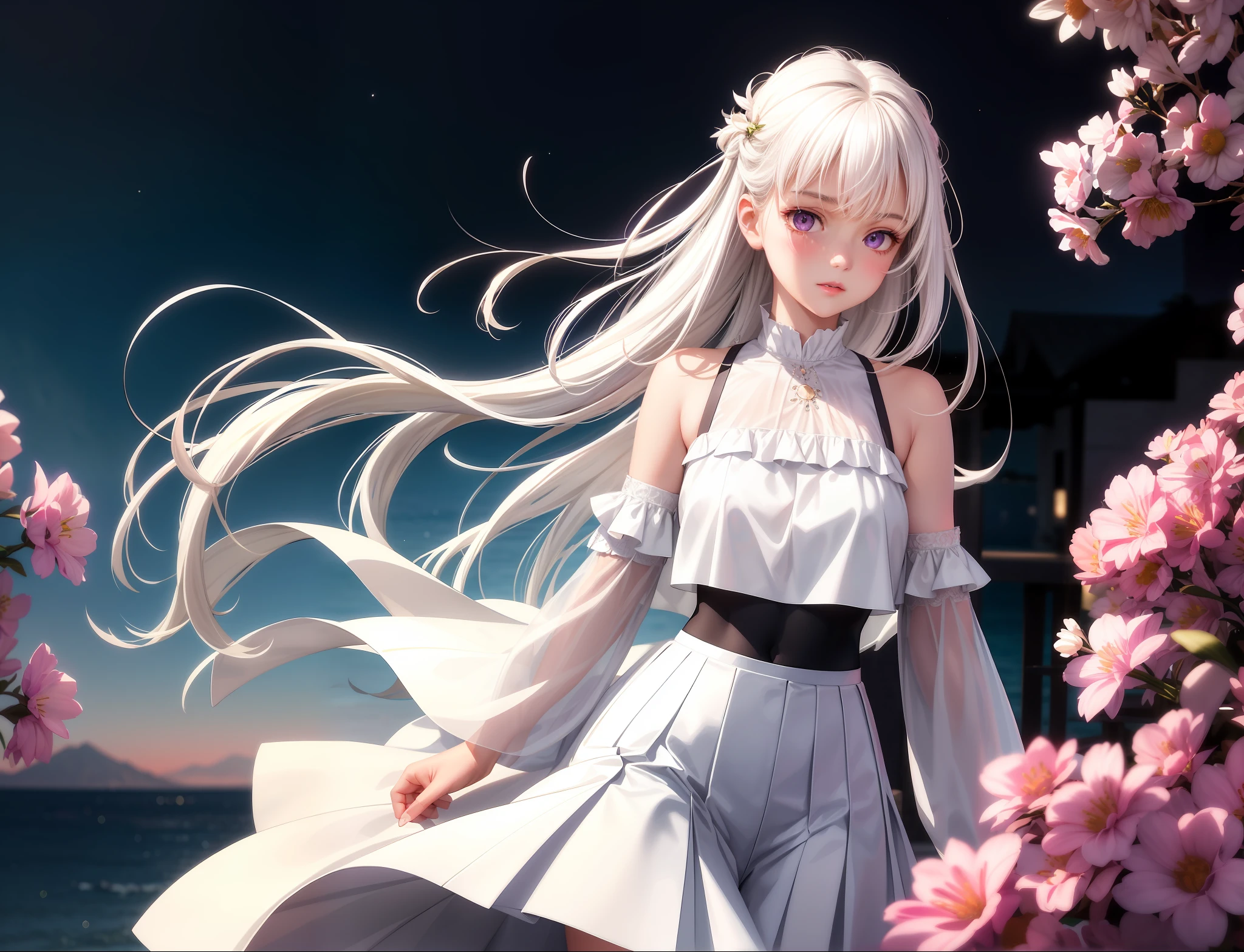 Realistic, 1girl, white hair, purple eyes, glowing eyes, cropped top, skirt, parted lips, blush, night, flowers, sun, sunlight, white skirt, short skirt, medium length hair, real, warm colors, white short Dress, white clothes, light background color, day environment, bright color background, saudi, ocean, cute,