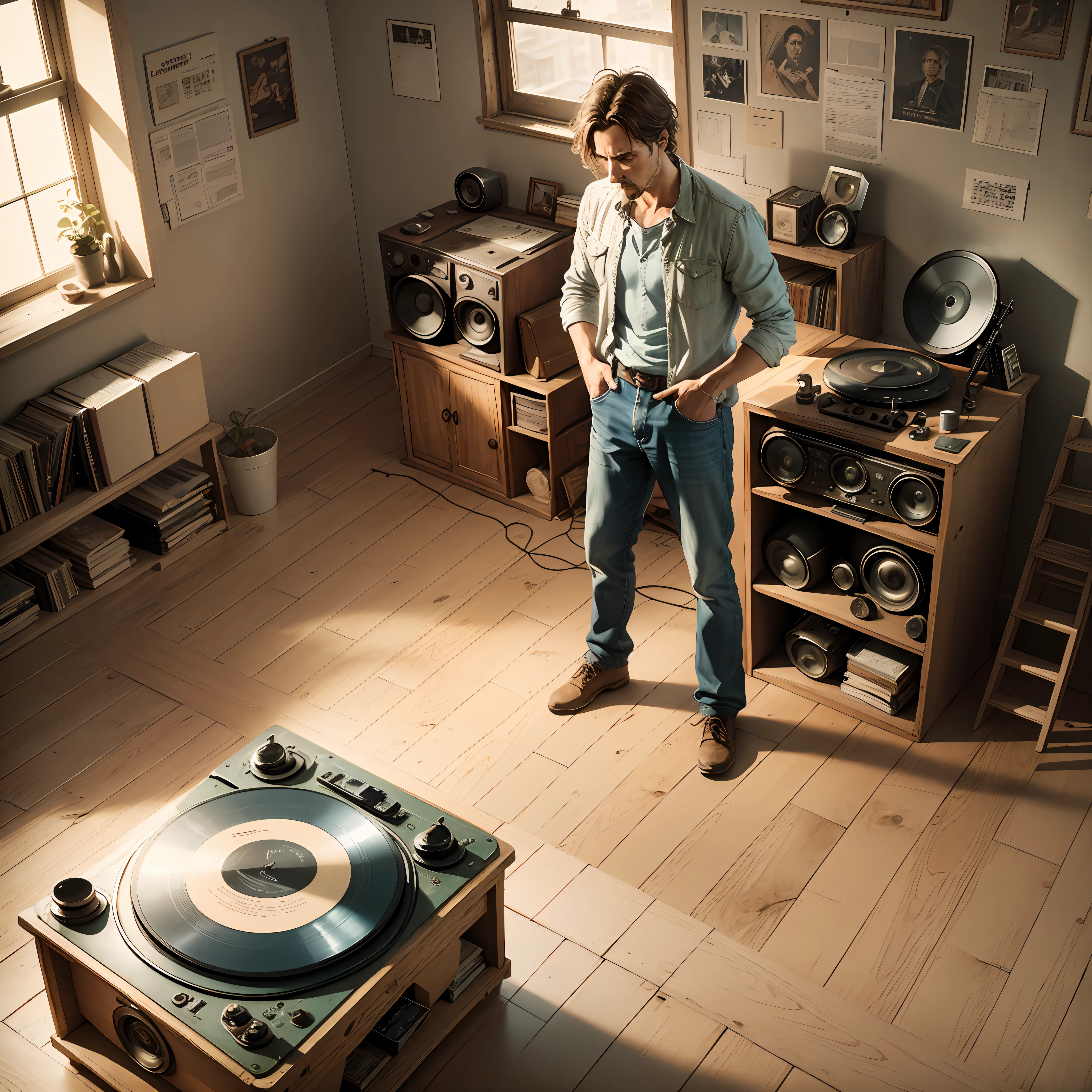 Storyboard, traces of a man standing next to an old record player in an empty loft