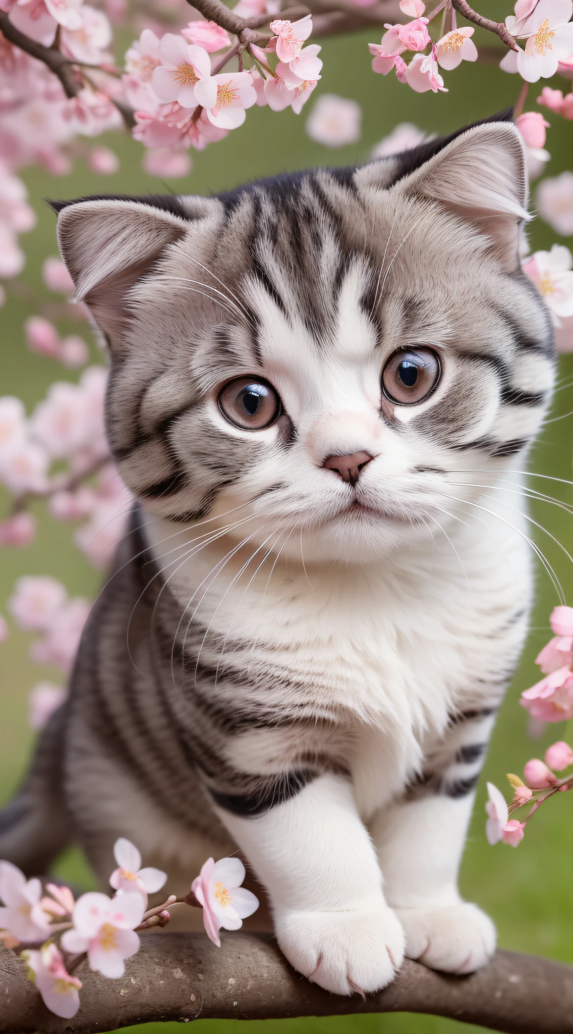 An adorable Scottish Fold is playing under a large cherry blossom tree. Its characteristic round face and folded ears harmonize with the cherry blossom petals."