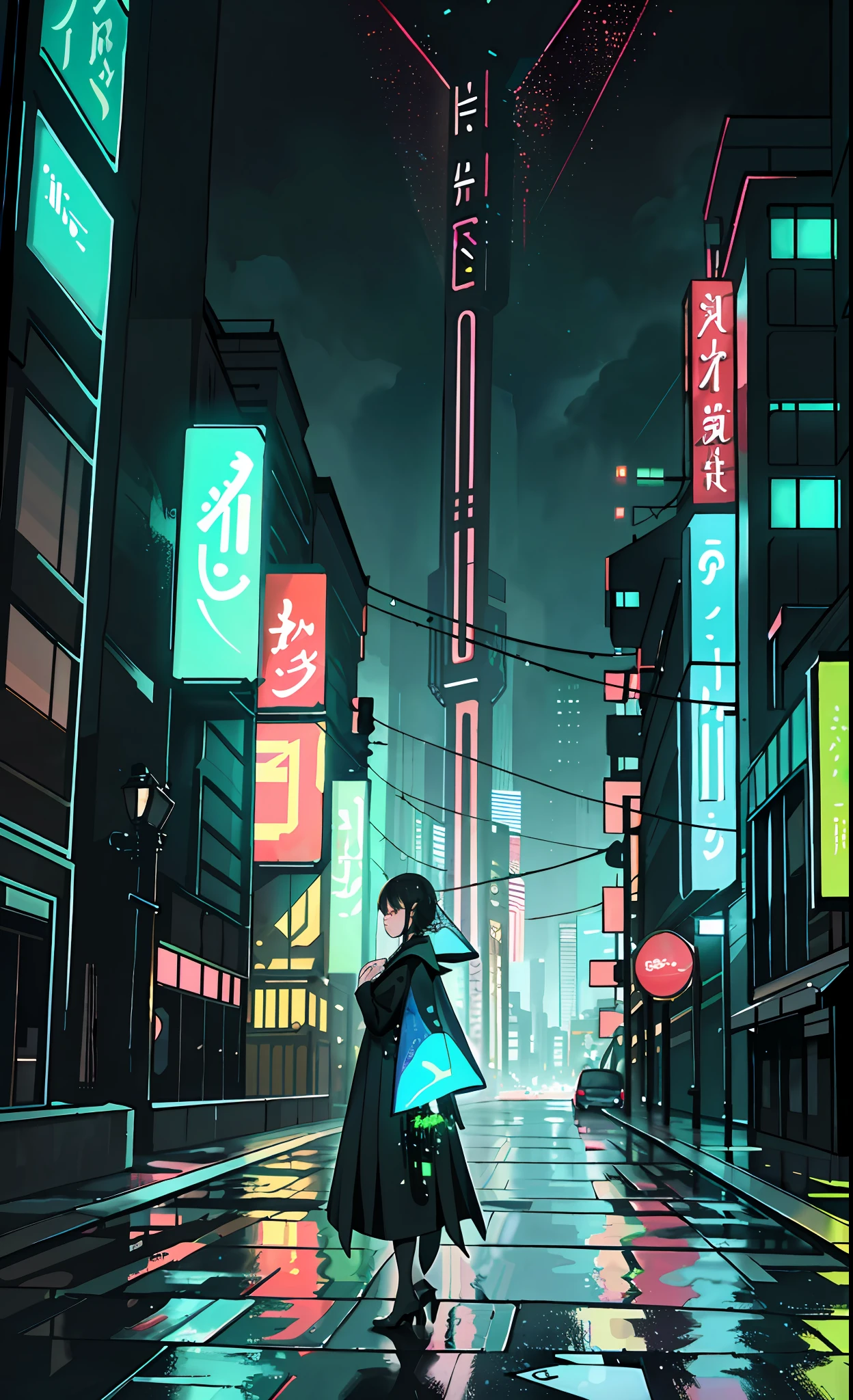 On a futuristic night, after a heavy rain, a street glows under the neon light that reflects in the puddles. The urban setting gains a mysterious and charming touch, with tall, modern buildings that stand as pillars of a new era.
The raindrops continue to fall gently, creating a melodic rhythm that echoes in the empty streets. The city lights are reflected on the wet surfaces, creating a spectacle of vibrant colors and distorted reflections.
Waves of mist hang in the air, enveloping the landscape in an ethereal veil. The environment gains a futuristic atmosphere, where the encounter between technology and nature is evident. Vertical gardens adorn the sides of the buildings, bringing a touch of green and freshness to the cityscape.
The futuristic street exudes an atmosphere of endless possibilities. The illuminated buildings and innovative architectural structures evoke a sense of progress and technological advancement. But even in this futuristic setting, the rain and night still impart a sense of familiarity and calm.
In this post-rain night town, the imagination is free to wander and dream of a future where technology and nature coexist harmoniously, bringing a new era of beauty and charm to the streets lit by neon glow.