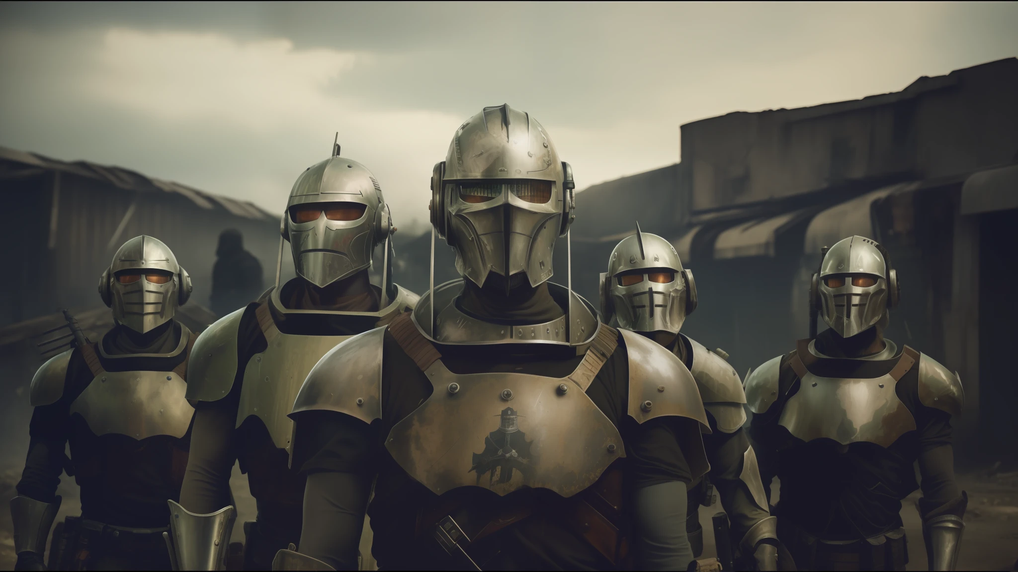 there are three men in armor standing next to each other, from a 2 0 1 9 sci fi 8 k movie, gangsta robot, by Tadeusz Dominik, postapocalyptic grunge, grimes, fighting fantasy army, ron perlman, youtube thumbnail, (((knight))), k9, john carmack, necromunda, grungy dystopia