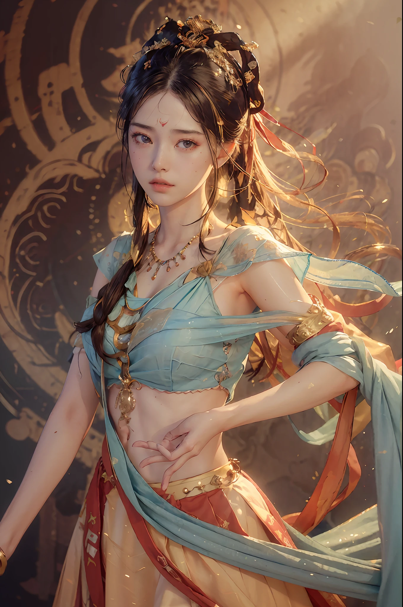 (RAW photo, best quality), (realistic, photo-realistic:1.3),best quality,highly detailed,masterpiece,ultra-detailed,illustration,1girl,upper_body,dynamic angle,world masterpiece theater,messy_long_hair,best quality,extremely detailed CG unity 8k wallpaper,ink,Amazing,cinematic lighting,lens_flare,,dunhuang_style