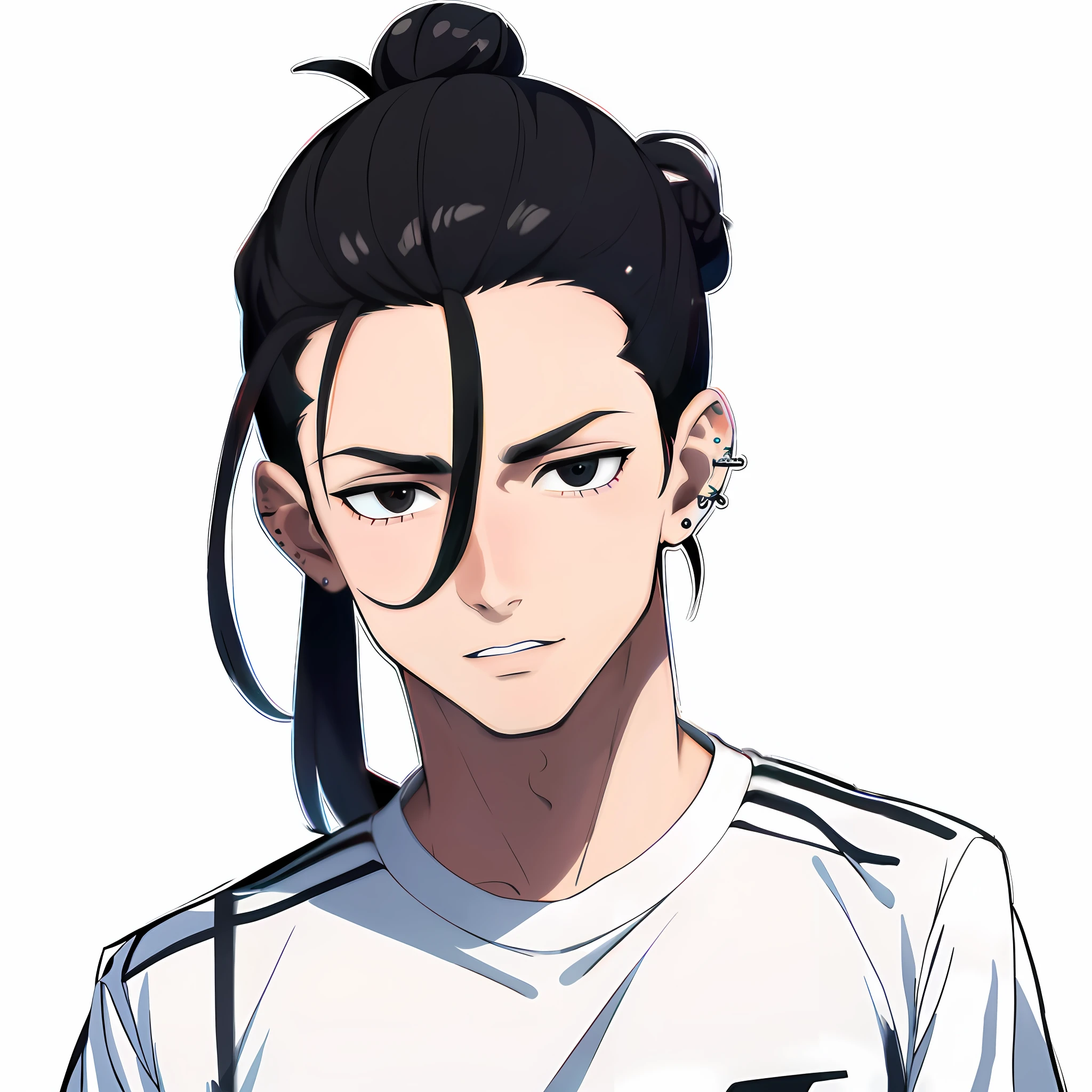 anime boy with black hair and a white shirt with a ponytail, kentaro miura manga art style, kentaro miura art style, trigger anime artstyle, kentaro miura manga style, handsome guy in demon slayer art, anime handsome man, male anime style, in an anime style, inspired by Bian Shoumin, manga style of kentaro miura