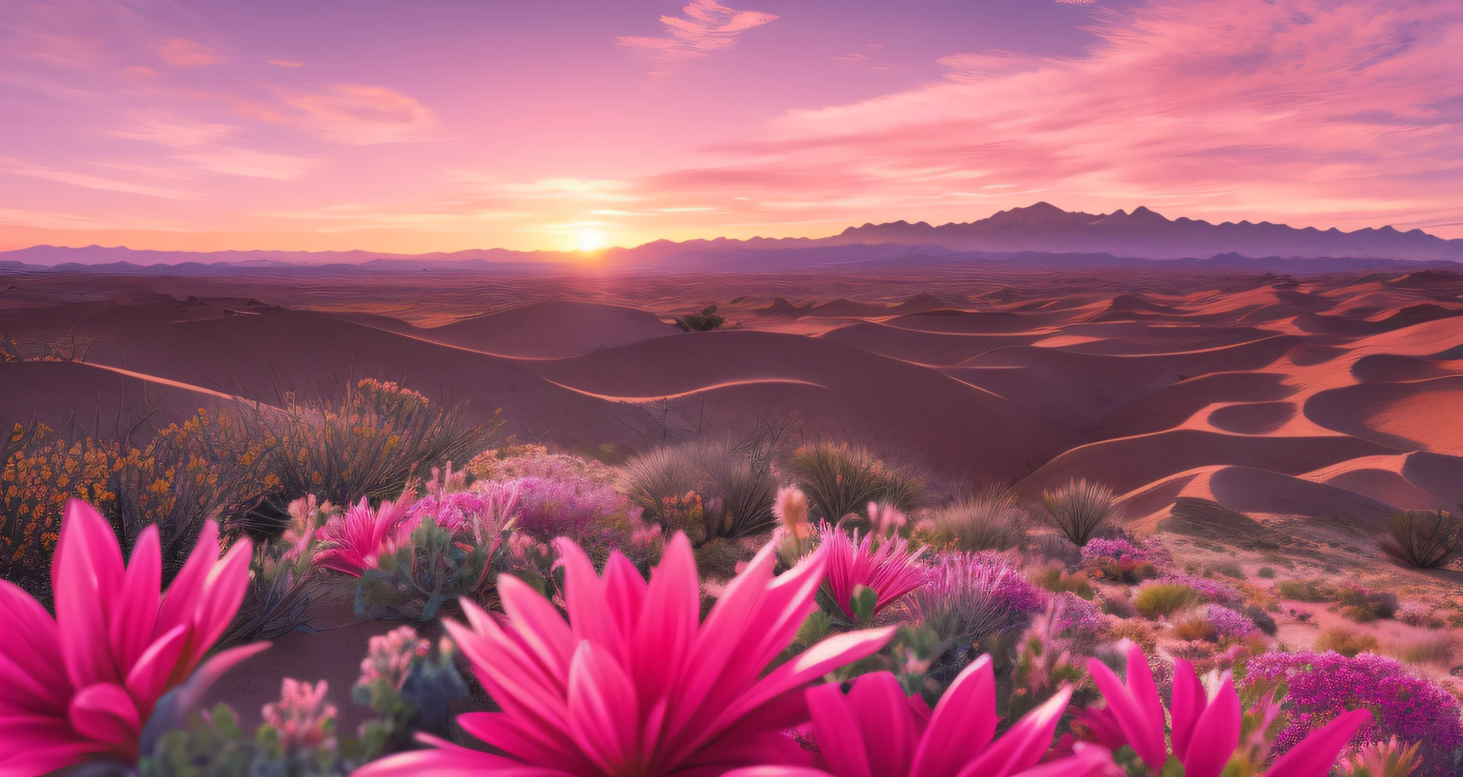 Detailed background, masterpiece, best quality, landscape, desert, mountains, sun, huge flowers ten meters high, pink desert, pink clouds, sunset.