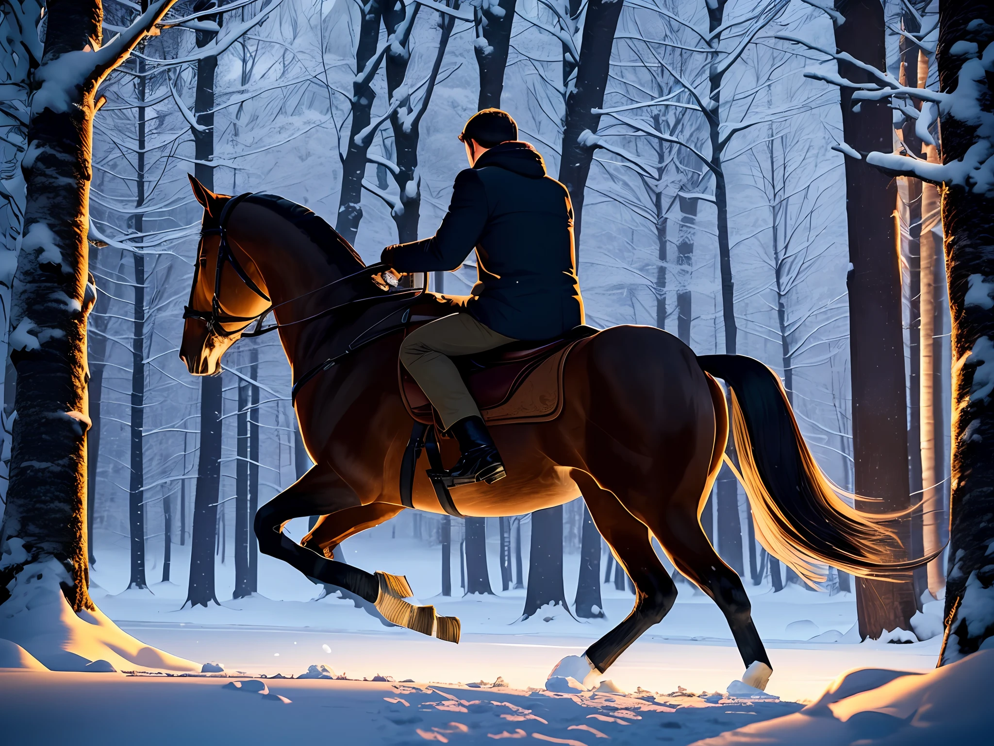 (winter, dark forest, night, full moon, immersed in silence),(a man and a boy sit together on the back of a galloping horse)
