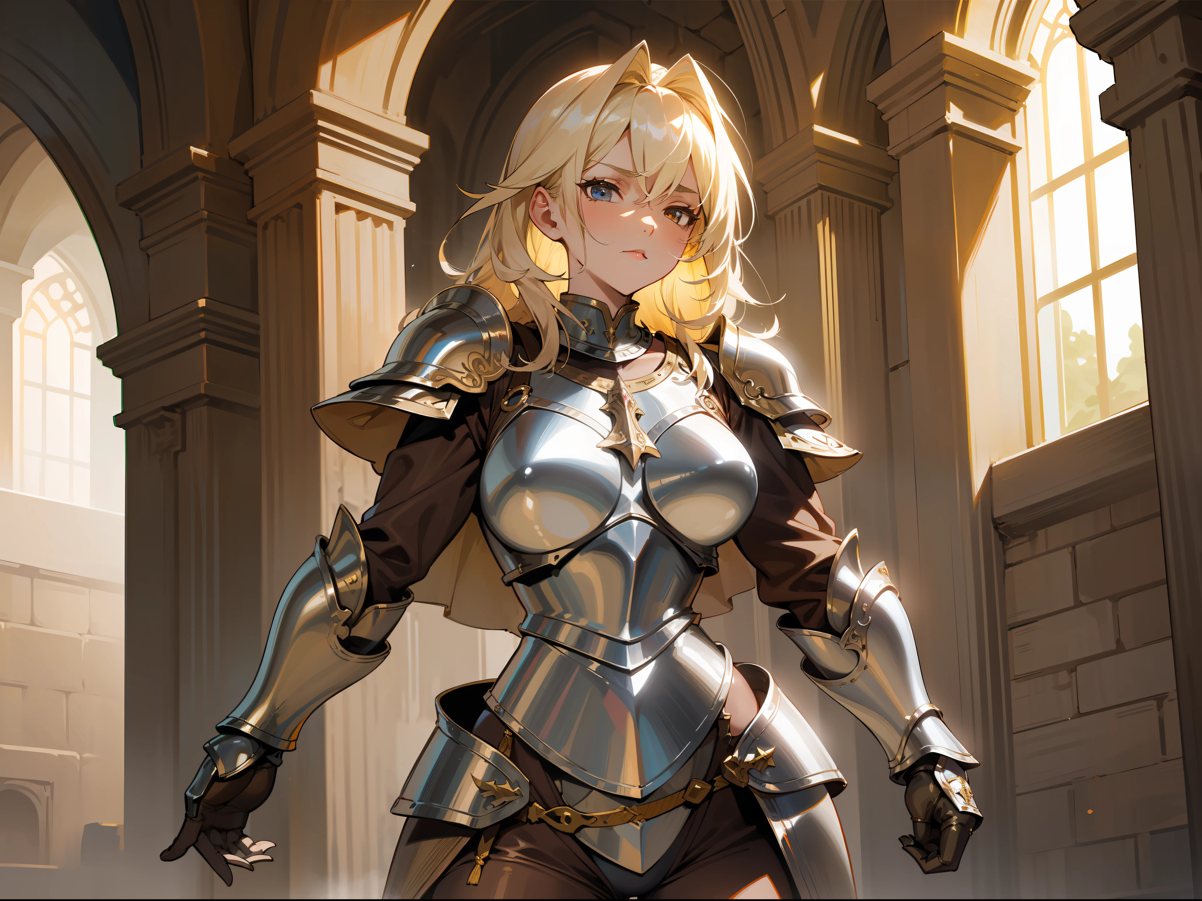 masterpiece, best quality, mature woman, warrior, light blonde hair, brown clothing, silver pectoral armor, silver shin guard, fantasy, medieval, in a dungeon, dynamic pose, beautiful detailed glow.