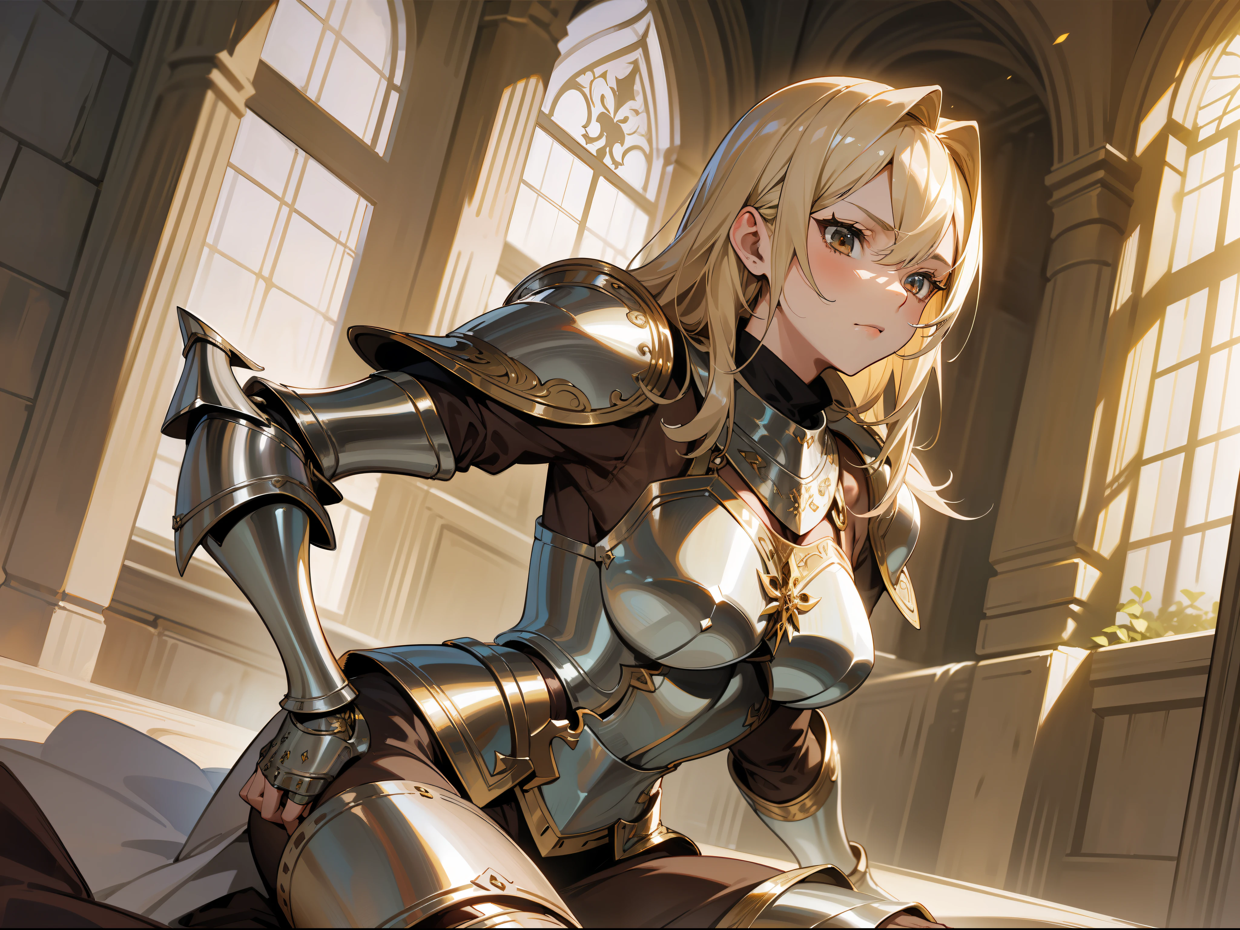 masterpiece, best quality, mature woman, warrior, light blonde hair, brown clothing, silver pectoral armor, silver shin guard, fantasy, medieval, in a dungeon, dynamic pose, beautiful detailed glow.