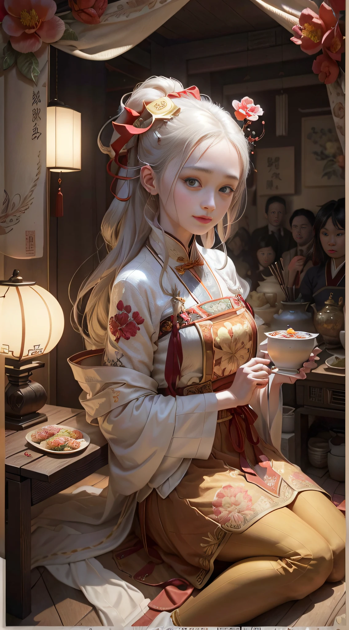(Positive Focus), (In the Dark: 1 Girl), Surrealist Female Portraits by David Hockney and Alphonse Mucha, Fantasy Art, Photo Realism, Dynamic Lighting, Art Station, Poster, Volumetric Lighting, Very Detailed Faces, 4k Wallpaper, Award-Won, , 1 Girl Girl, Long White Hair, Ponytail, Fringed Hair Ornament, Peony Flower Hair Ornament, Chinese Girl, Smile Emoji, Mole Under Eyes, Dynamic Perspective, Chinese Style, Red Hanfu, Embroidery Pattern, Red Ribbon, Half-off Top, Long Legs Exposed, Ancient Chinese restaurants, wine altars, wine glasses, inns, the background is crowded with onlookers, red clothes, temptation, ribbon fluttering, movie lights,