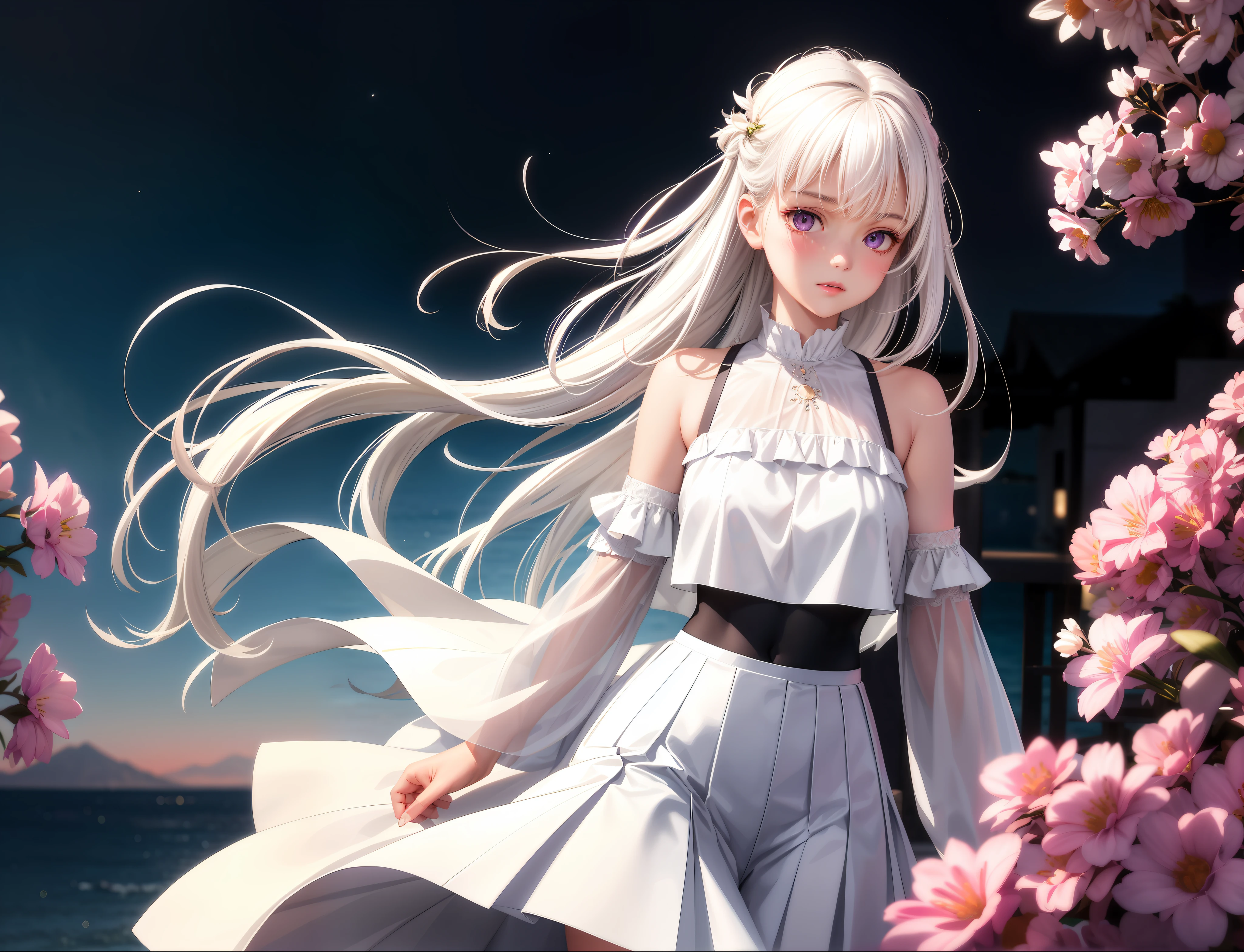 Realistic, 1girl, white hair, purple eyes, glowing eyes, cropped top, skirt, parted lips, blush, night, flowers, sun, sunlight, white skirt, short skirt, medium length hair, real, warm colors, white short Dress, white clothes, light background color, day environment, bright color background, saudi, ocean, cute,