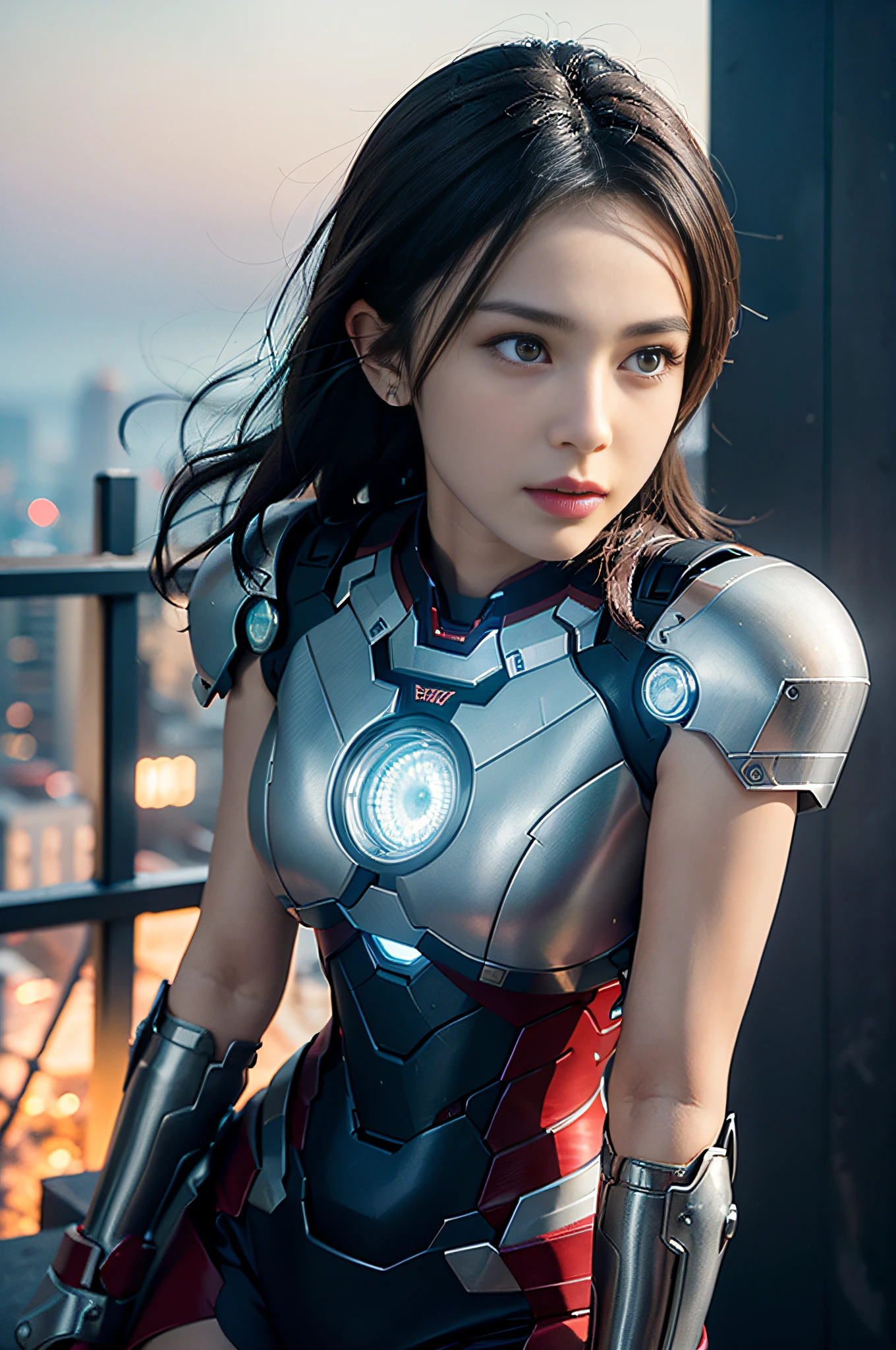 RAW, Masterpiece, Ultra Fine Photo,, Best Quality, Ultra High Resolution, Photorealistic, Sunlight, Full Body Portrait, Stunningly Beautiful,, Dynamic Poses, Delicate Face, Vibrant Eyes, (Side View) , she is wearing a futuristic Iron Man mech, very detailed background, detailed face, detailed busy background, messy, gorgeous, milky, high detailed skin, realistic skin details, visible pores, sharp focus, volume Fog, 8k uhd, dslr, high quality, film grain, fair skin, photorealism, lomography, sprawling metropolis in a futuristic dystopia, view from below, translucent