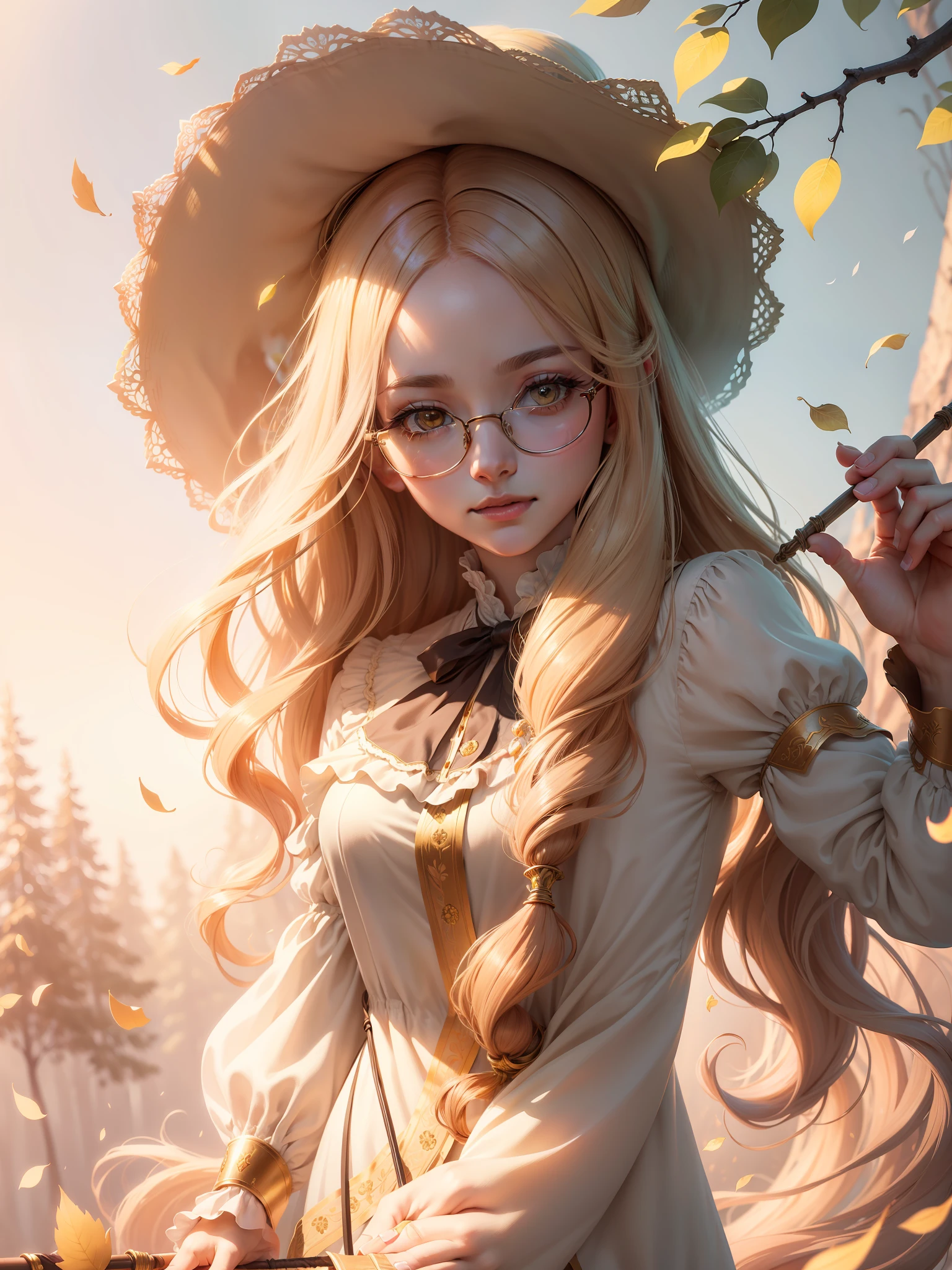 Masterpiece, Best Quality, (Very Detailed CG Unity 8k Wallpaper) (Best Quality), (Best Illustration), (Best Shadow) Delicate leaves of nature Petals of various colors fall in the air Light tracking, super detailed , long colored hair, golden eyes, blouse , golden round-framed glasses , natural hands , gold wire eyes , staff in right hand, --v6