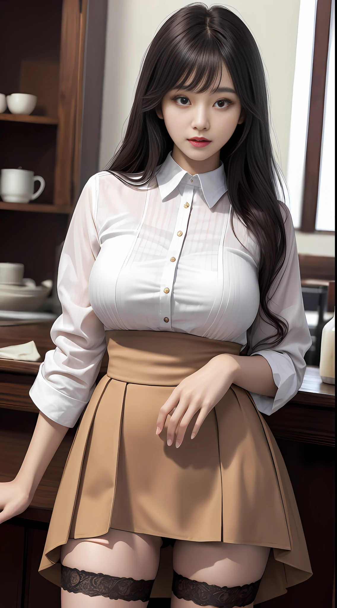 Top Quality, Super Detail, Masterpiece, Detail, High Resolution, 8k Wallpaper, Realistic Details, Clothing Details, Skin Details, Photoshop \(Medium), Slim Body, 1 Girl, 22 Years Old, Beautiful Eyes, Real Skin, Fine Face, Bangs, Long Hair, Black Hair, Dull Bangs, Huge Breasts, Transparent Underwear, Korean Girl, Waitress, Short Skirt, Skirt Lift, Camel Toe
