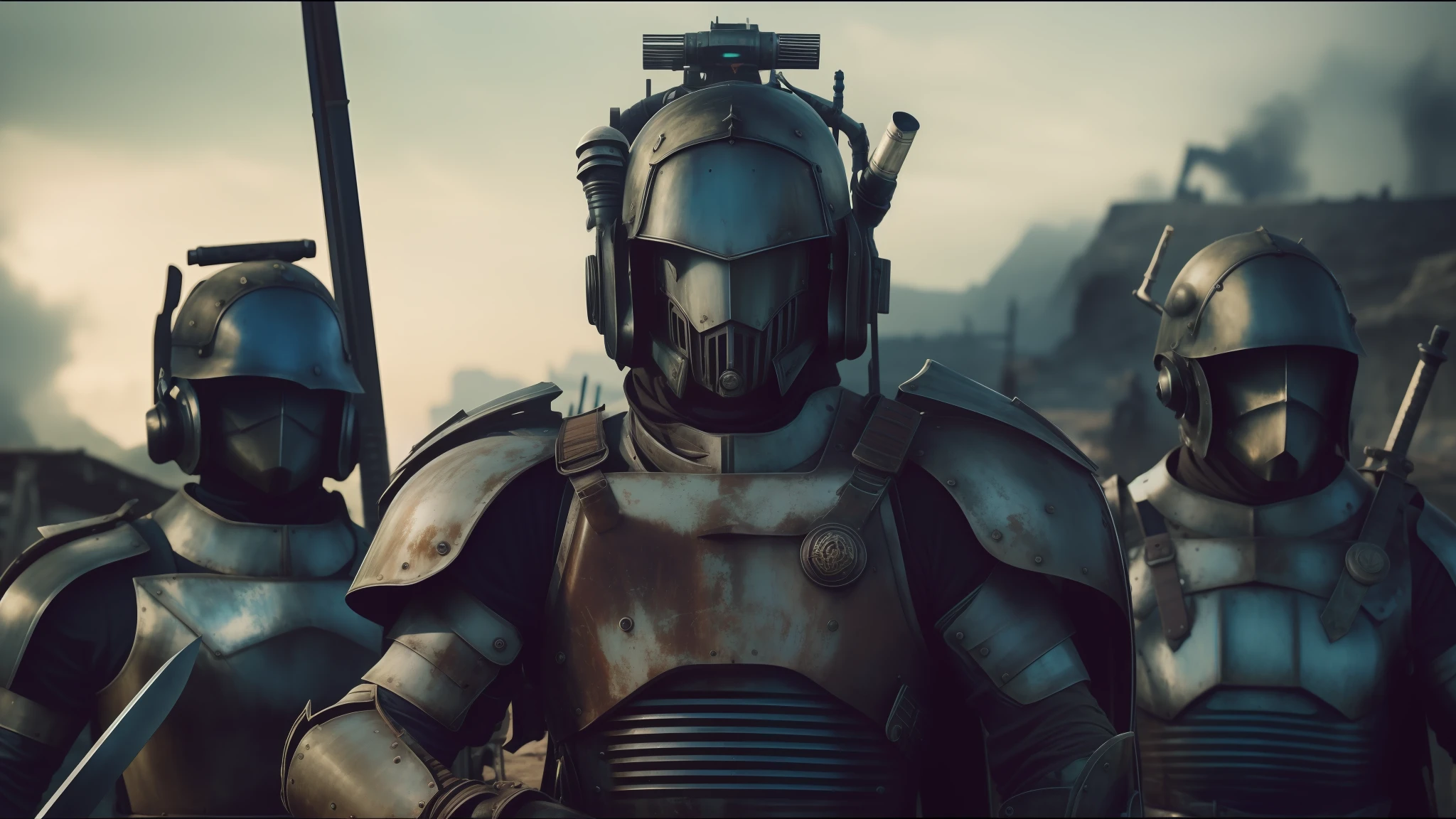 there are three men in armor standing together with swords, futuristic dieselpunk street, youtube thumbnail, wastelands, shot on anamorphic lenses, realistic restored face, red heavy armor, by David B. Mattingly, machinarium, streaming on twitch, kit bash, guards, rural wastelands
