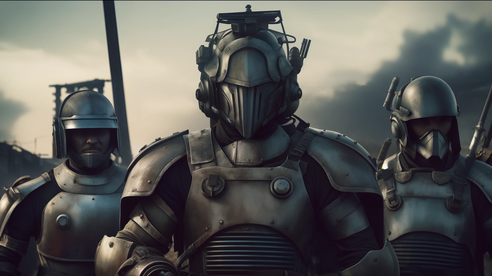 there are three men in armor standing together with swords, futuristic dieselpunk street, youtube thumbnail, wastelands, shot on anamorphic lenses, realistic restored face, red heavy armor, by David B. Mattingly, machinarium, streaming on twitch, kit bash, guards, rural wastelands