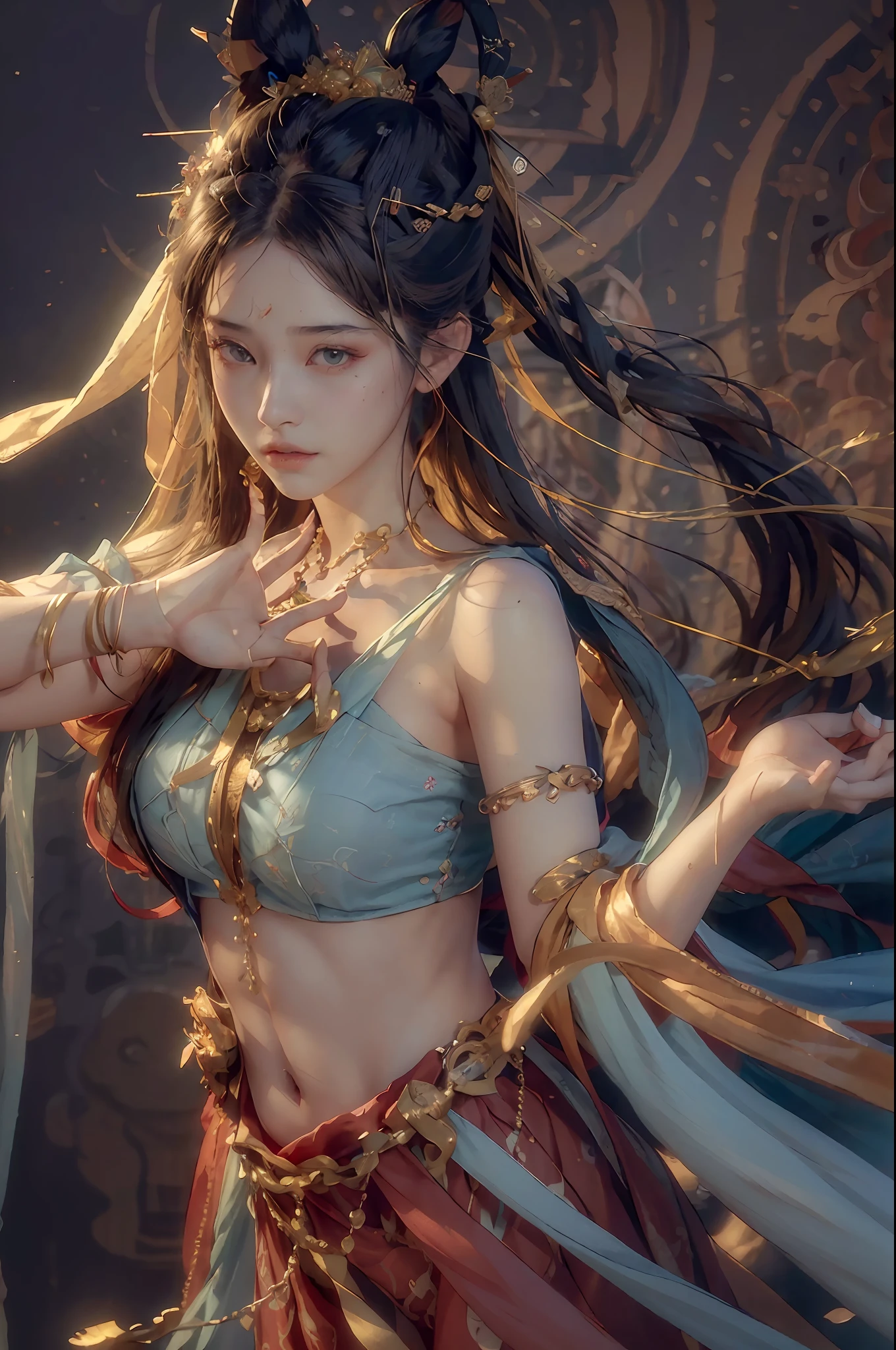 (RAW photo, best quality), (realistic, photo-realistic:1.3),best quality,highly detailed,masterpiece,ultra-detailed,illustration,1girl,upper_body,dynamic angle,world masterpiece theater,messy_long_hair,best quality,extremely detailed CG unity 8k wallpaper,ink,Amazing,cinematic lighting,lens_flare,,dunhuang_style
