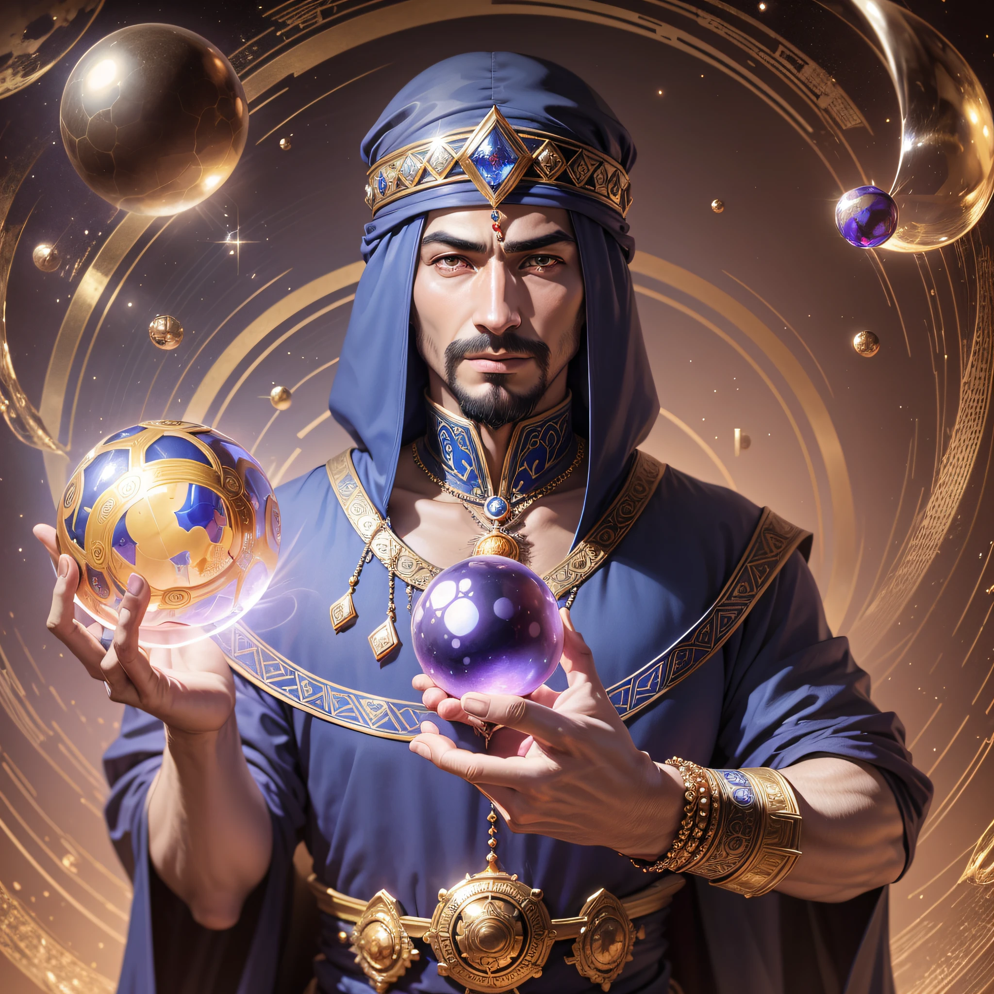 arafed man holding a crystal ball, inspired by Osman Hamdi Bey, 9:16 ratio portrait, shot portrait, dressed as an oracle, magician pondering his orb, fantasy character photo, holding a crystal ball, spell mage, by Zlatyu Boyadzhiev, fortune teller, Bedouin portrait d&d --auto --s2