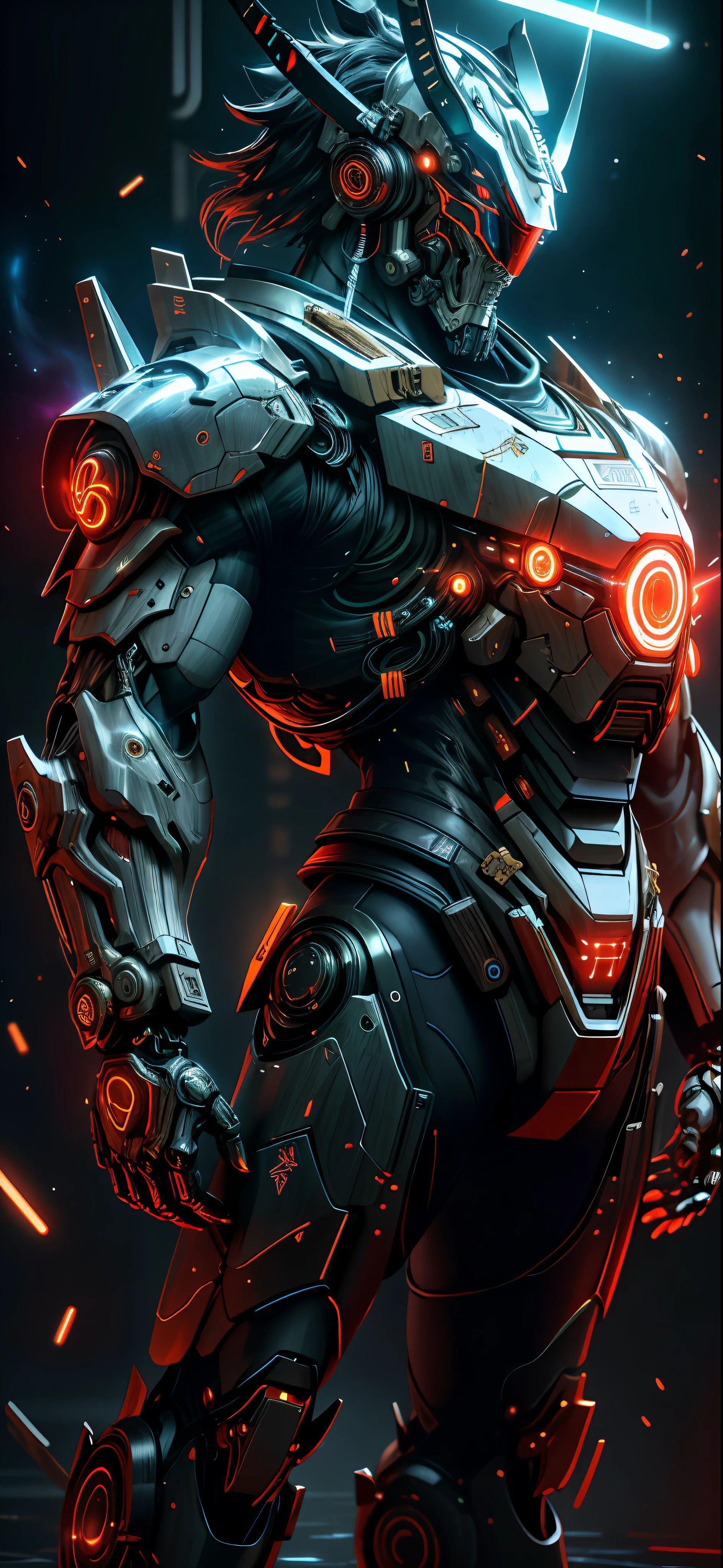 realistic,shiny,reflective,bioluminic, galactic cybernetic mask,mecha,(samurai:1.2)sh4g0d,GlowingRunes_red,fullbody,cinemnatic,dark background,back light,high contrast,