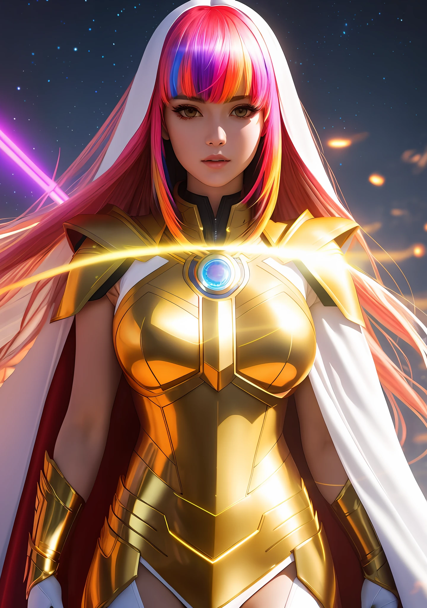 Bust to waist ((half body)) perfect skin, hyperrealistic masterpiece, Superheroine ((fringe glowing colorful)) in extremely complex & superdetailed tight plugsuit ((with white cape)), cinematic illumination: 8k ((Saint Seya style))