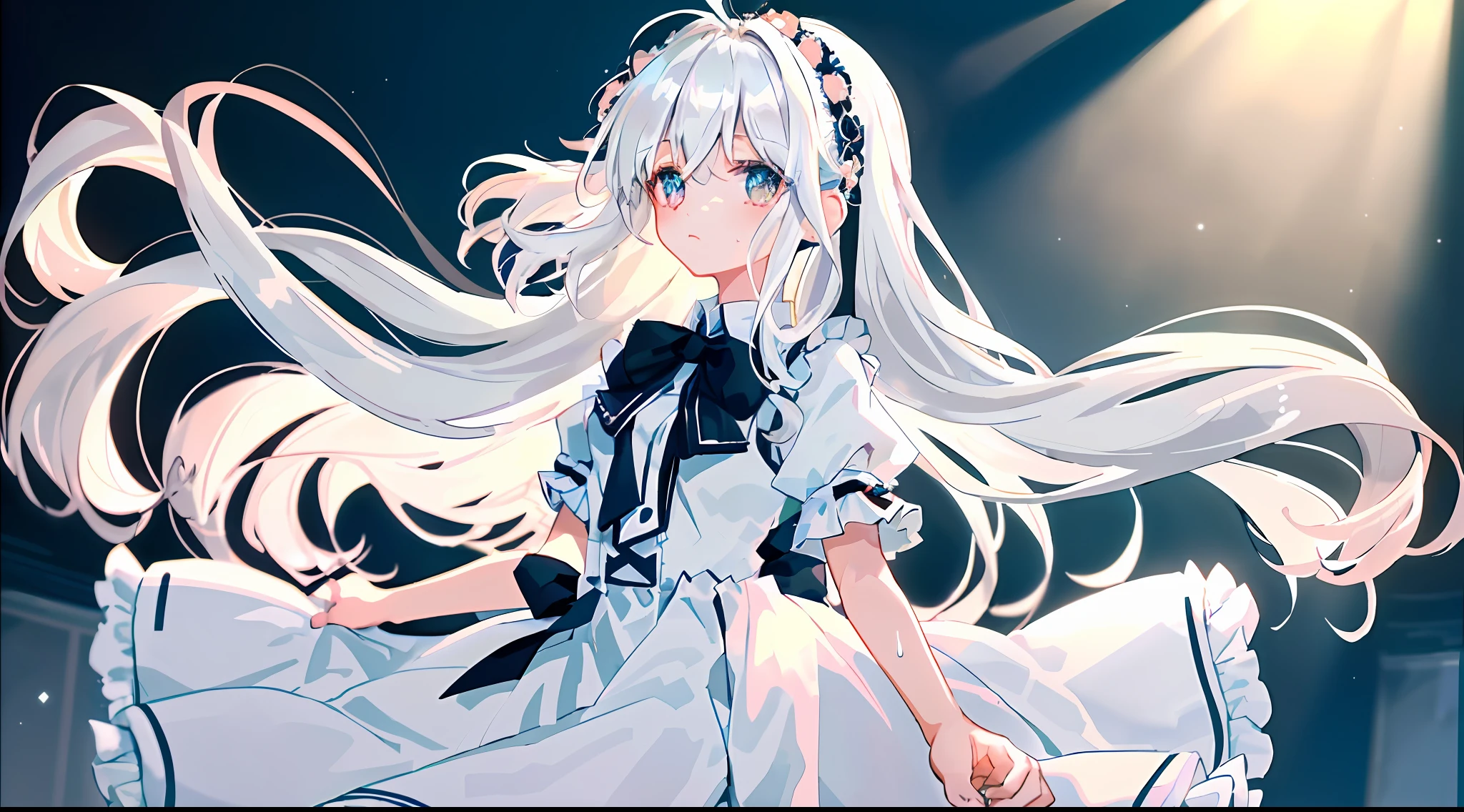 (Masterpiece, Best Quality: 1.2), 1Girl, Solo, (Kawaii, Lori: 1.4), Magic Array, Long White Hair, Ahoge, Delicate Eyes, Sweat, Frilled White Dress, Black Hair Accessories, Best Quality, Standing, Atmosphere