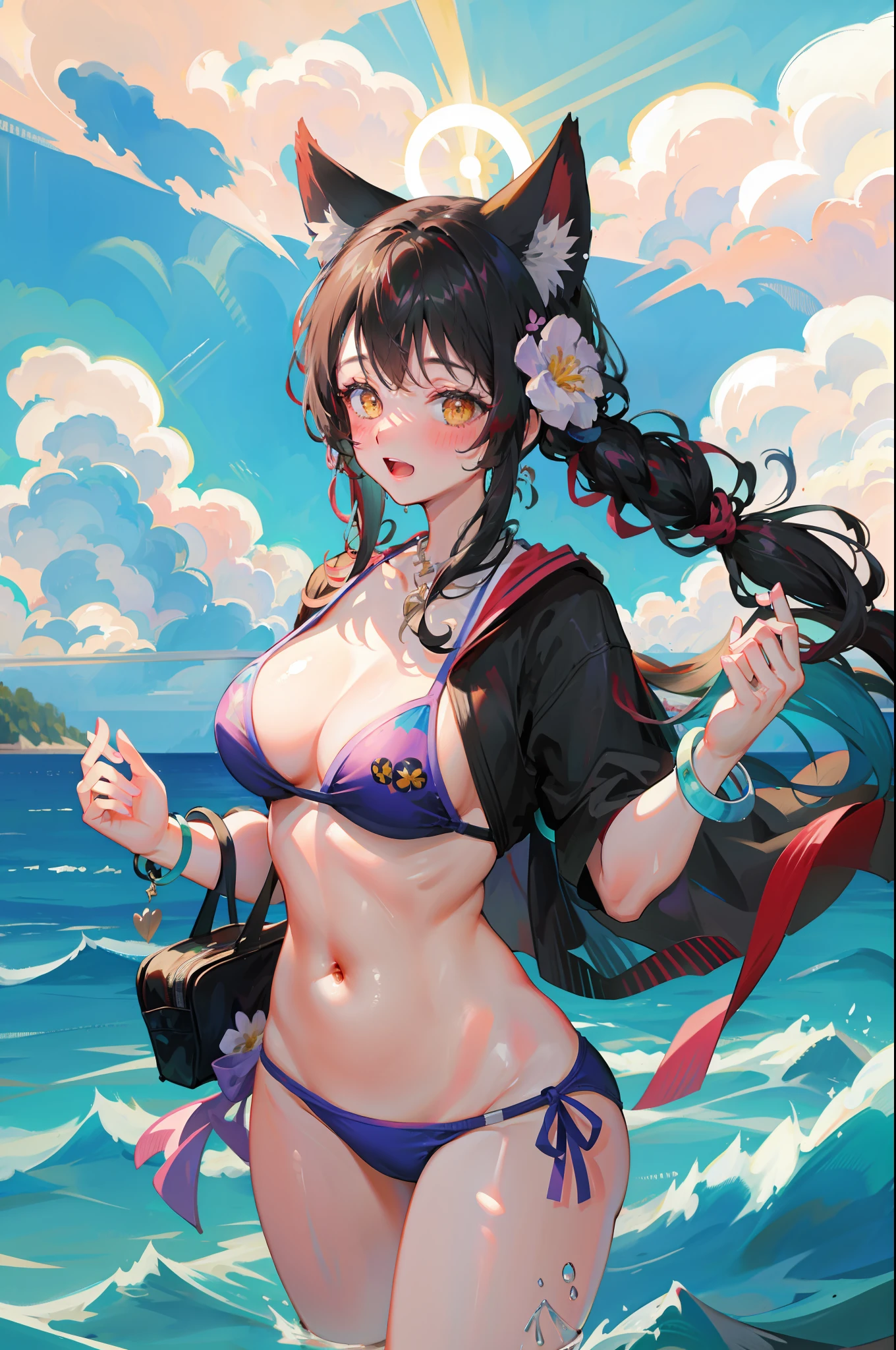 masterpiece,highres,breasts, arms behind back,swimsuit, 1girl, bikini, white_bikini, cloud, animal_ears, blue_sky, ocean, sky, hair_ornament, water, black_hair, day, long_hair, bracelet, wading, large_breasts, jewelry, smile, looking_at_viewer, blush, outdoors, open_mouth, hair_flower, wet, cloudy_sky, navel, flower, sparkle