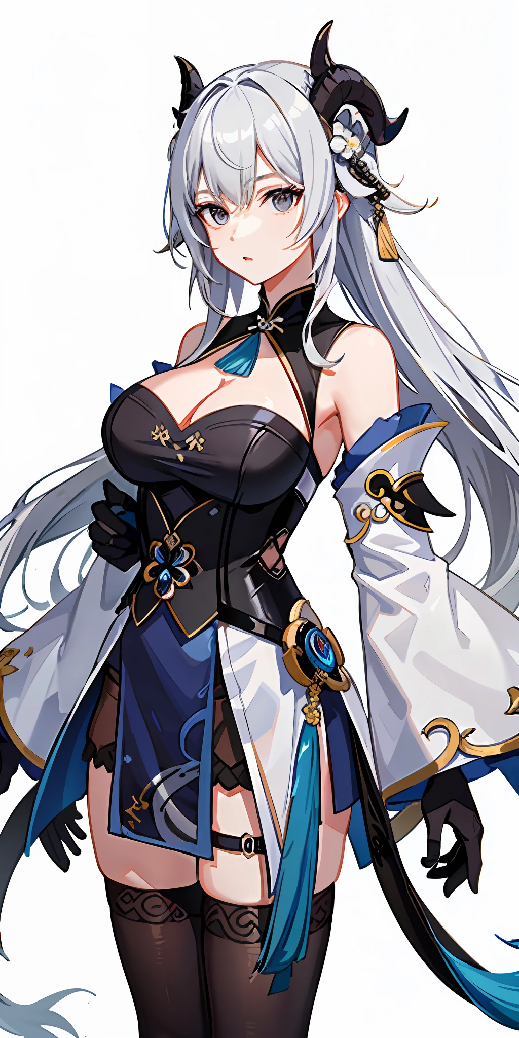 (top quality, masterpiece, white background, Genshin) gray hair, Chinese style costume, Genshin, black eyes, sheep horn, sister, bangs tail, expressionless, apothecary, dark blue clothes, one-handed sword, huge, cleavage, tights, long bangs, shoulder out, water