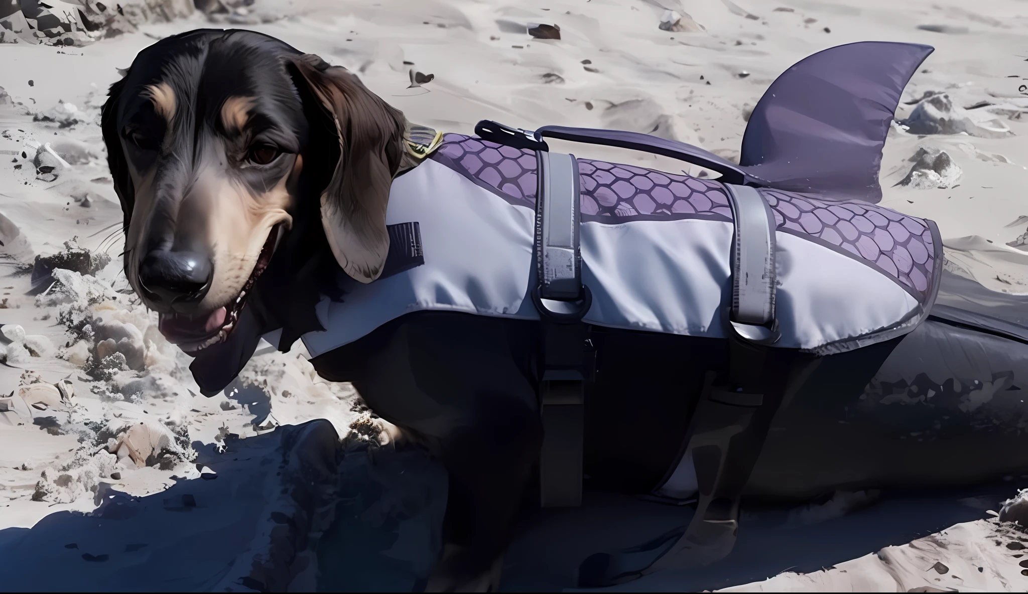 There's a dog wearing a shark fin vest on the beach, breathtaking rendering, a cute, highly stylized one, in the ocean, dachshund, sausage, Instagram photo, beautiful views, K9, on the beach, highly elegant, having fun in the sun, looking at the camera, a still of a happy