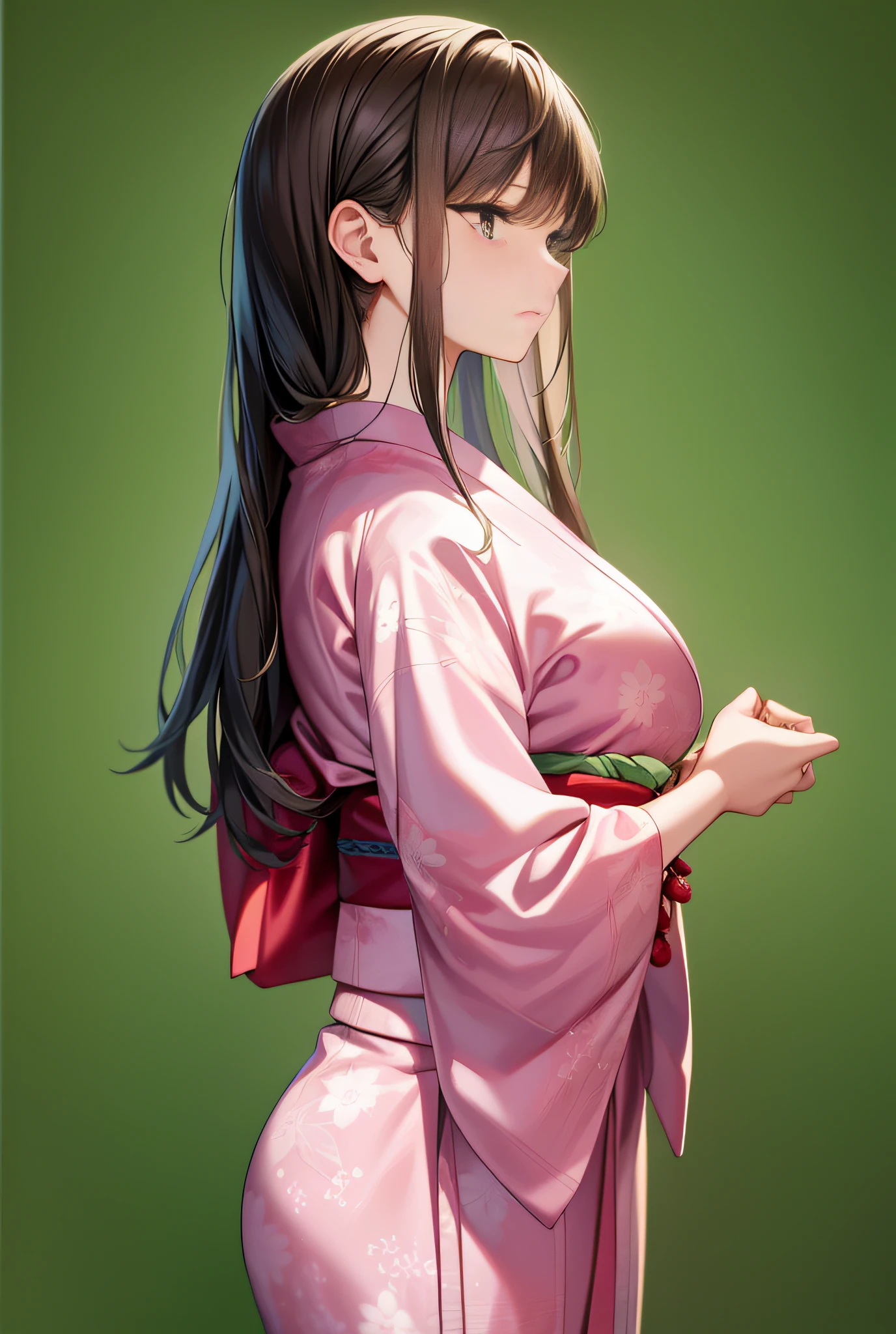 masterpiece, best quality, beautiful detailed, super fine illustration, beautiful detailed face and eyes, 8k, photorealistic, official art, wallpaper, ((green background)), standing, cowboy shot, side view, looking away, statue, 1girl, cute, solo, 25 years old, sad, mole:0.3, middle breasts, long black hair, (black eyes), japanese clothes, pink and white yukata,