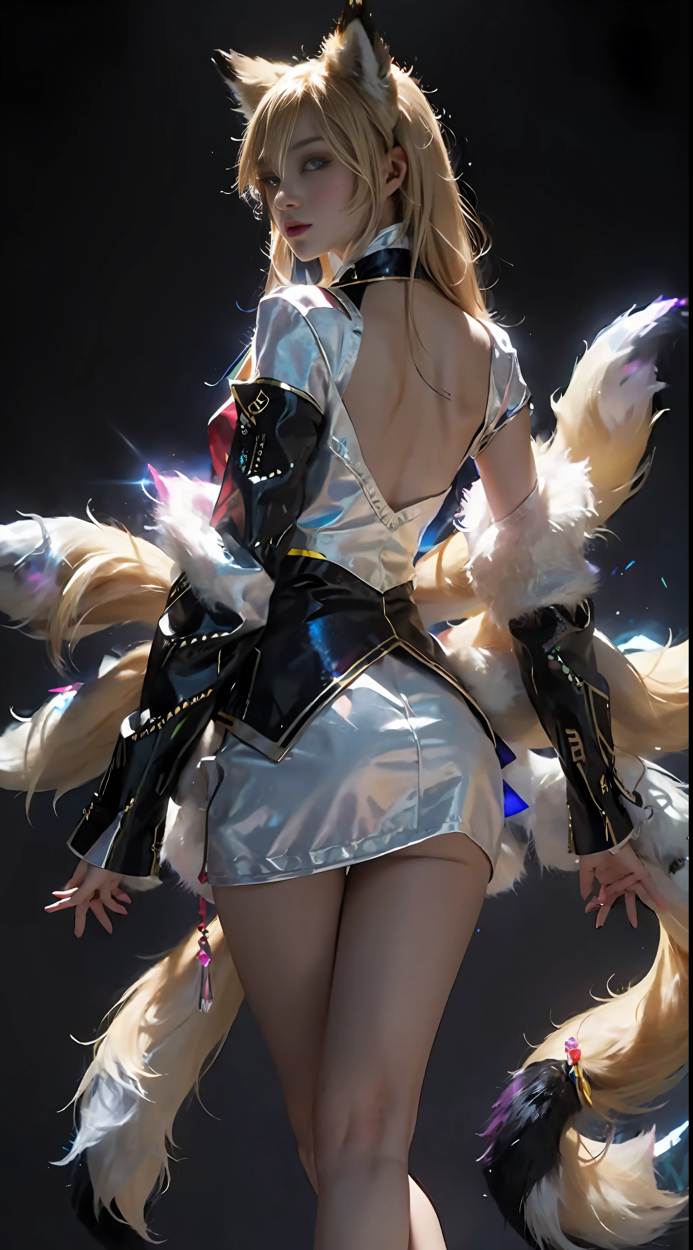 Super Resolution, (Realism: 1.3), 1 (Slim: 1.2) Girl, Solo, Looking at the Audience, League of Legends, Fox, KDA Fox, Blonde Hair, Fox Ears, Fox Tail, Blue Short Skirt, White Skirt, Laser Sense, Super Perfect Face, Perfect Eyes, Good Looking Face, Crystal Tail, Lots of Tails, Perfect Eyes