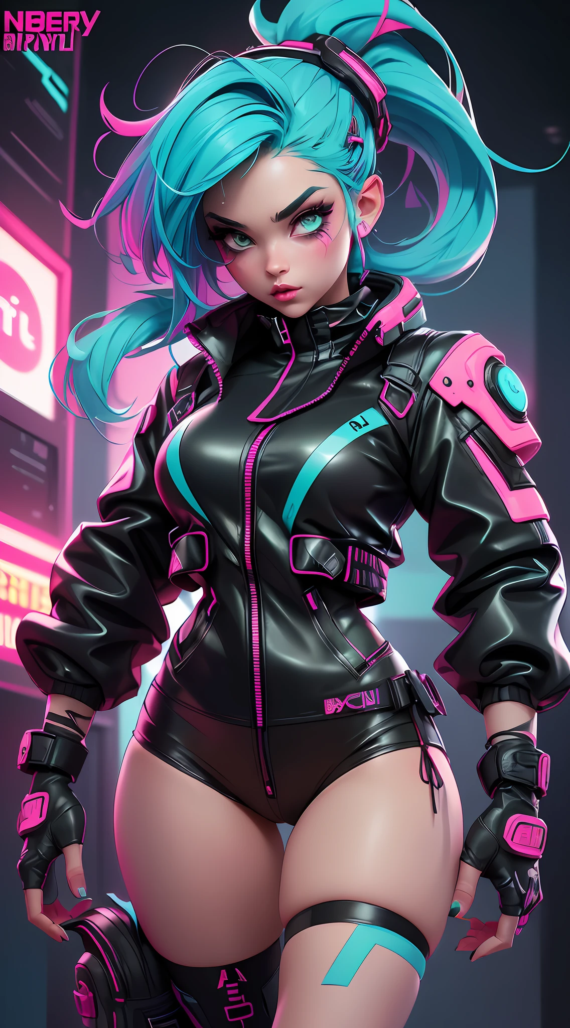 ((Best Quality)), ((Masterpiece)), ((Realistic)) and ultra-detailed photography of a 1nerdy girl with goth and neon colors. She has ((turquoise hair)), wears a (tech-wear jacket top) and a (black g-string with red patterns) , ((beautiful and aesthetic)), sexy, under-boobs, hot