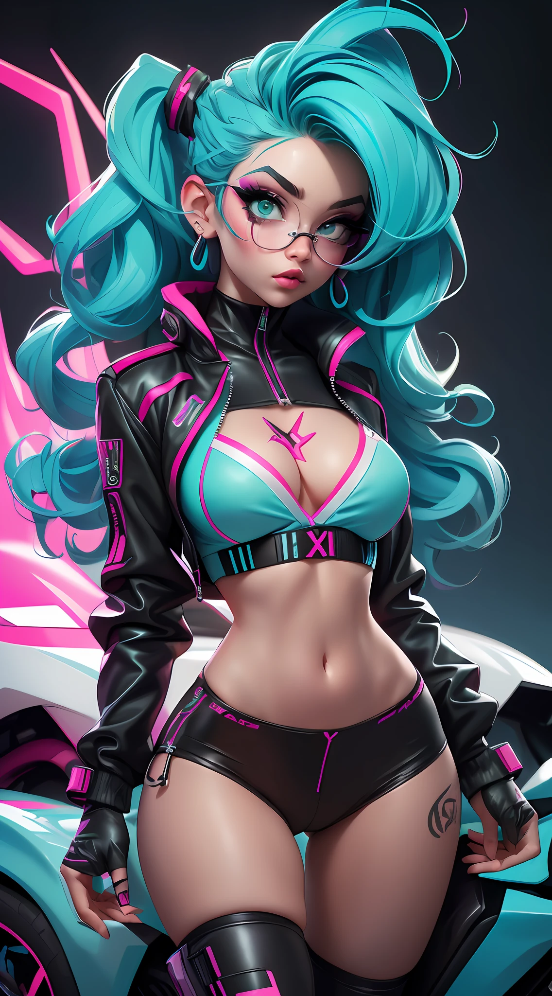 ((Best Quality)), ((Masterpiece)), ((Realistic)) and ultra-detailed photography of a 1nerdy girl with goth and neon colors. She has ((turquoise hair)), wears a (tech-wear jacket top) and a (black g-string with red patterns) , ((beautiful and aesthetic)), sexy, under-boobs, hot