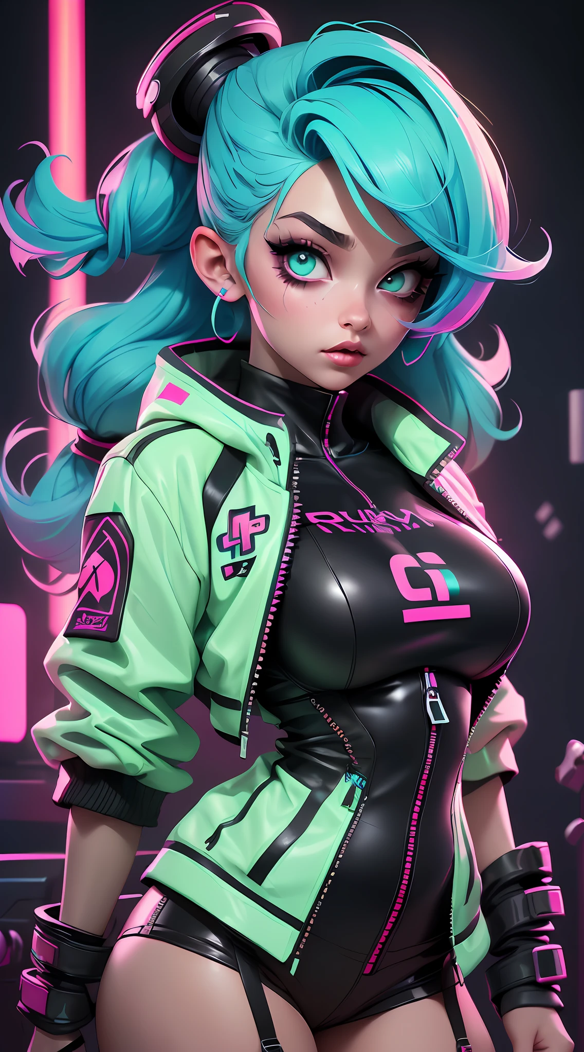 ((Best Quality)), ((Masterpiece)), ((Realistic)) and ultra-detailed photography of a 1nerdy girl with goth and neon colors. She has ((turquoise hair)), wears a (tech-wear jacket top) and a (black g-string with red patterns) , ((beautiful and aesthetic)), sexy, under-boobs, hot