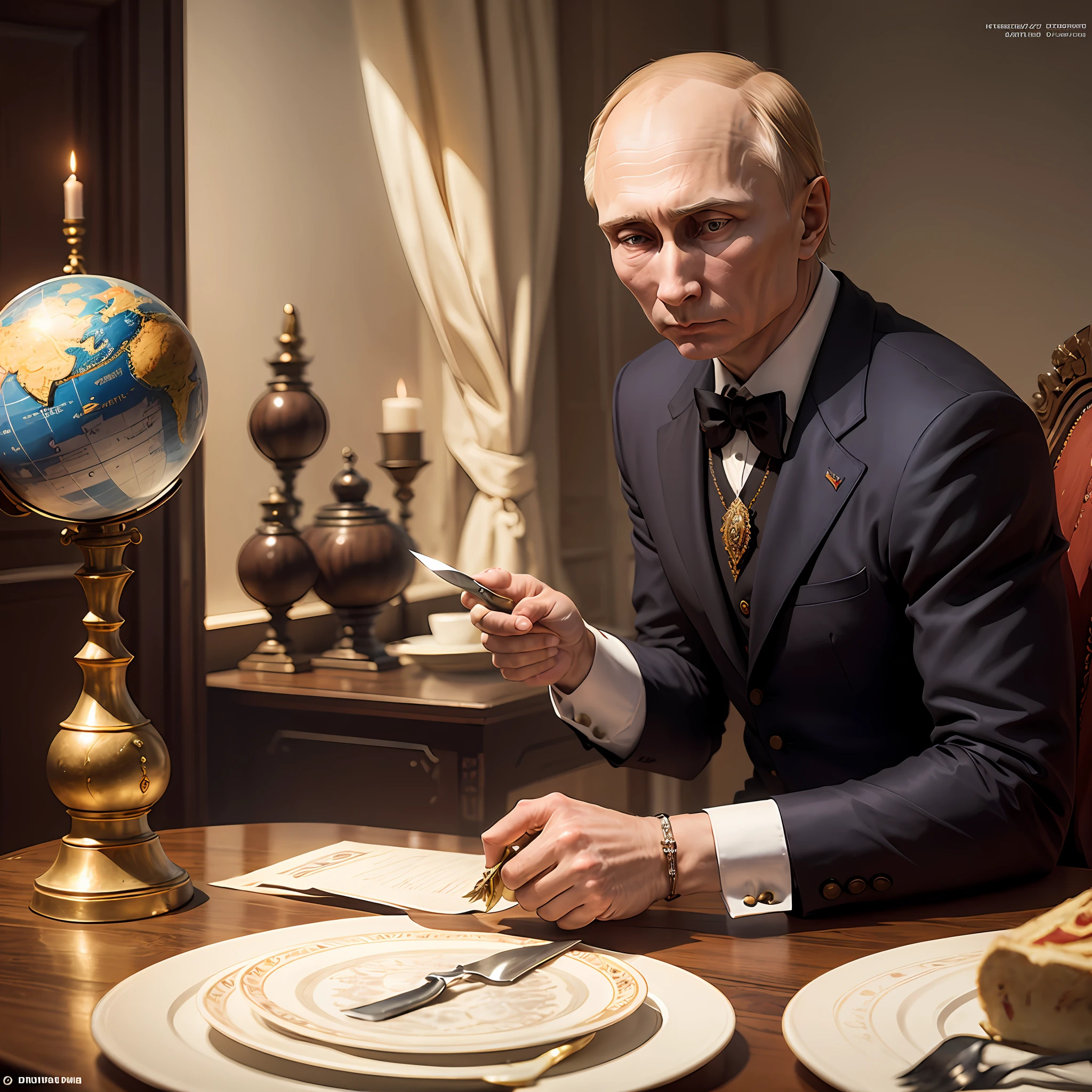 Putin with a dagger in his hand sat at the dining table, on which there was a globe, and Putin inserted the tip of the knife into the globe