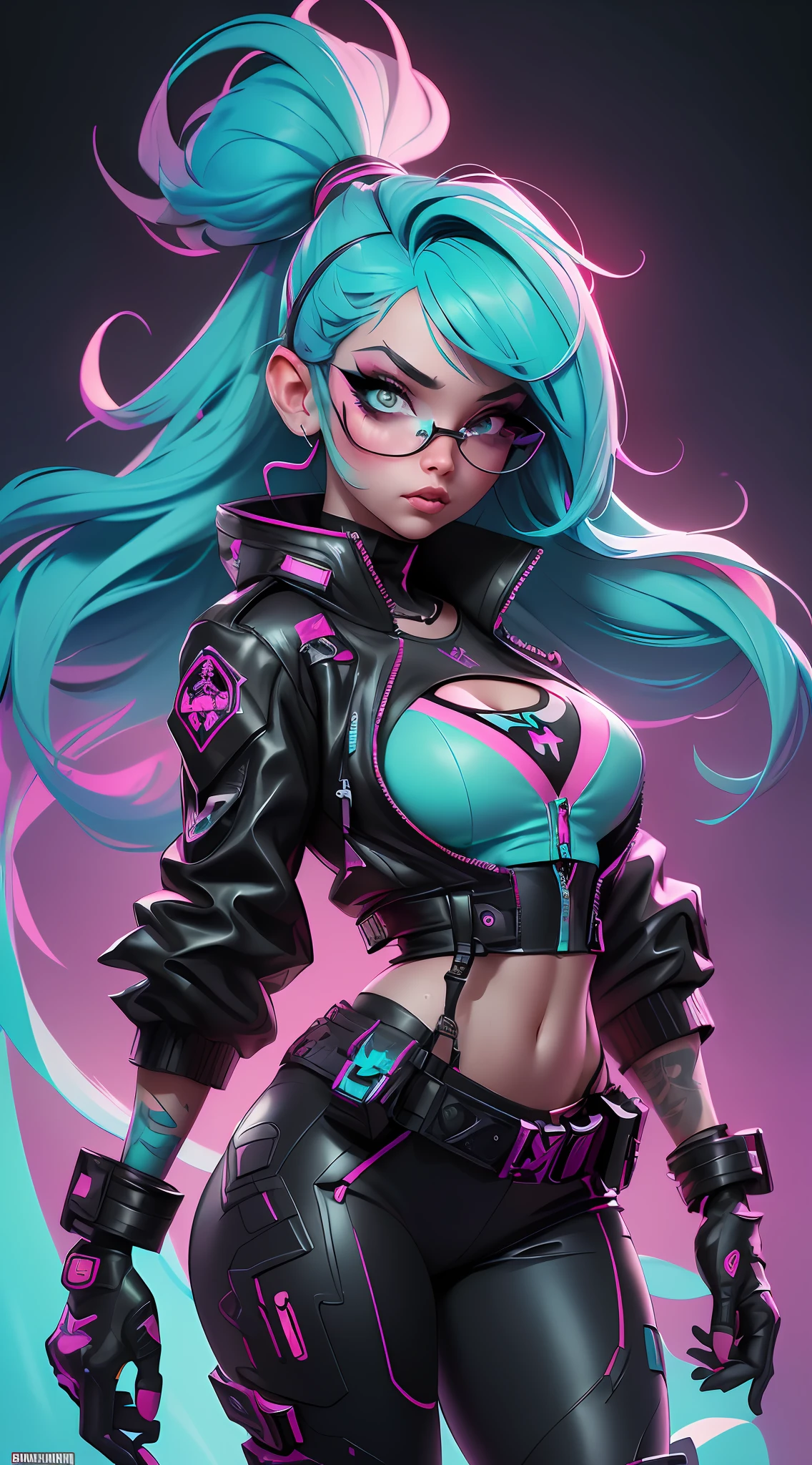 ((Best Quality)), ((Masterpiece)), ((Realistic)) and ultra-detailed photography of a 1nerdy girl with goth and neon colors. She has ((turquoise hair)), wears a (tech-wear jacket top) and a (black g-string with red patterns) , ((beautiful and aesthetic)), sexy, under-boobs, hot (by Thomas Benjamin Kennington), ( by Pixelsketcher), (by Bayard Wu)