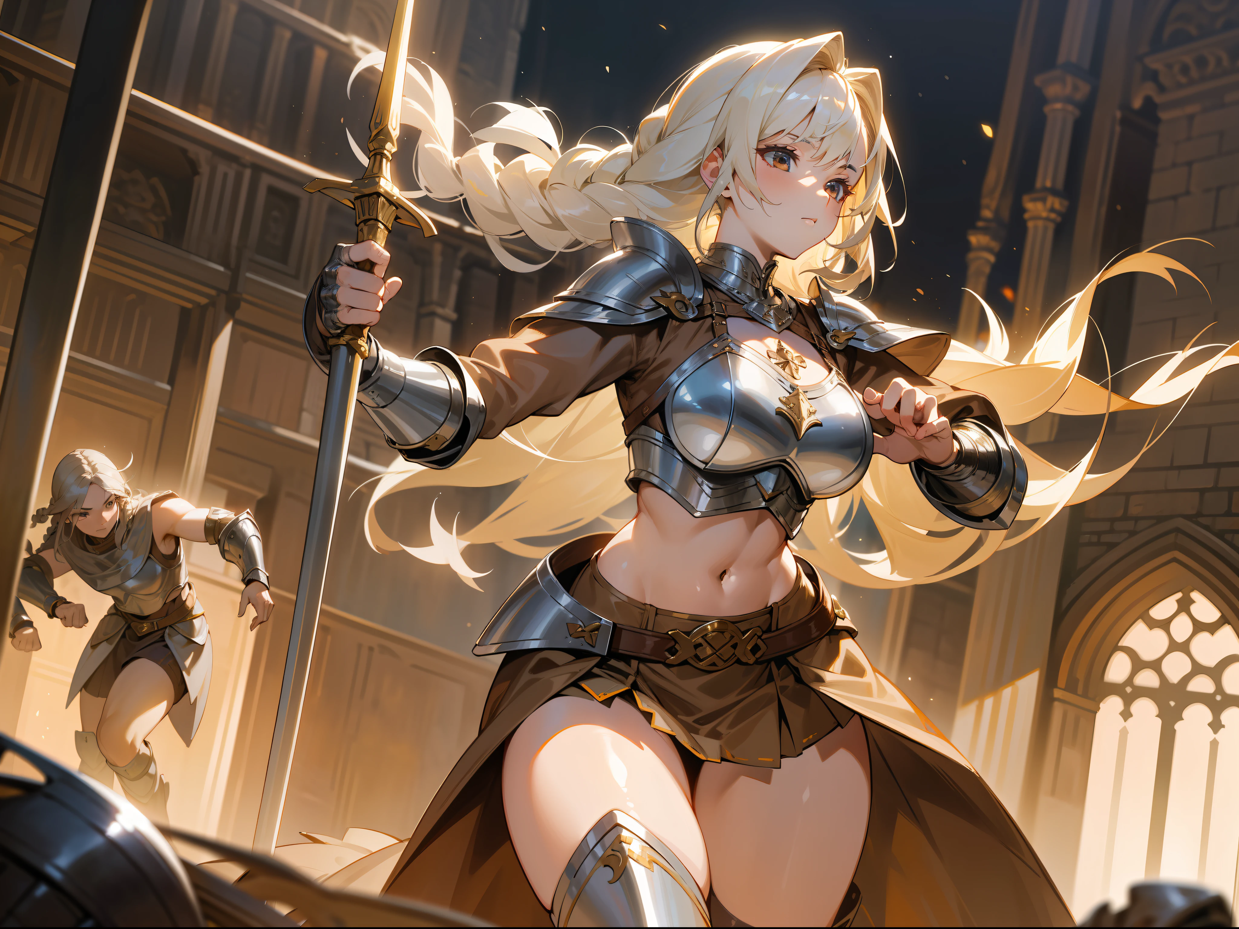 masterpiece, best quality, mature woman, warrior, light blonde braided hair, brown clothing, silver pectoral armor, silver shin guard, exposed navel, exposed thighs, skirt, costume, medieval, in a battle arena, night, dynamic pose, beautiful detailed glow.