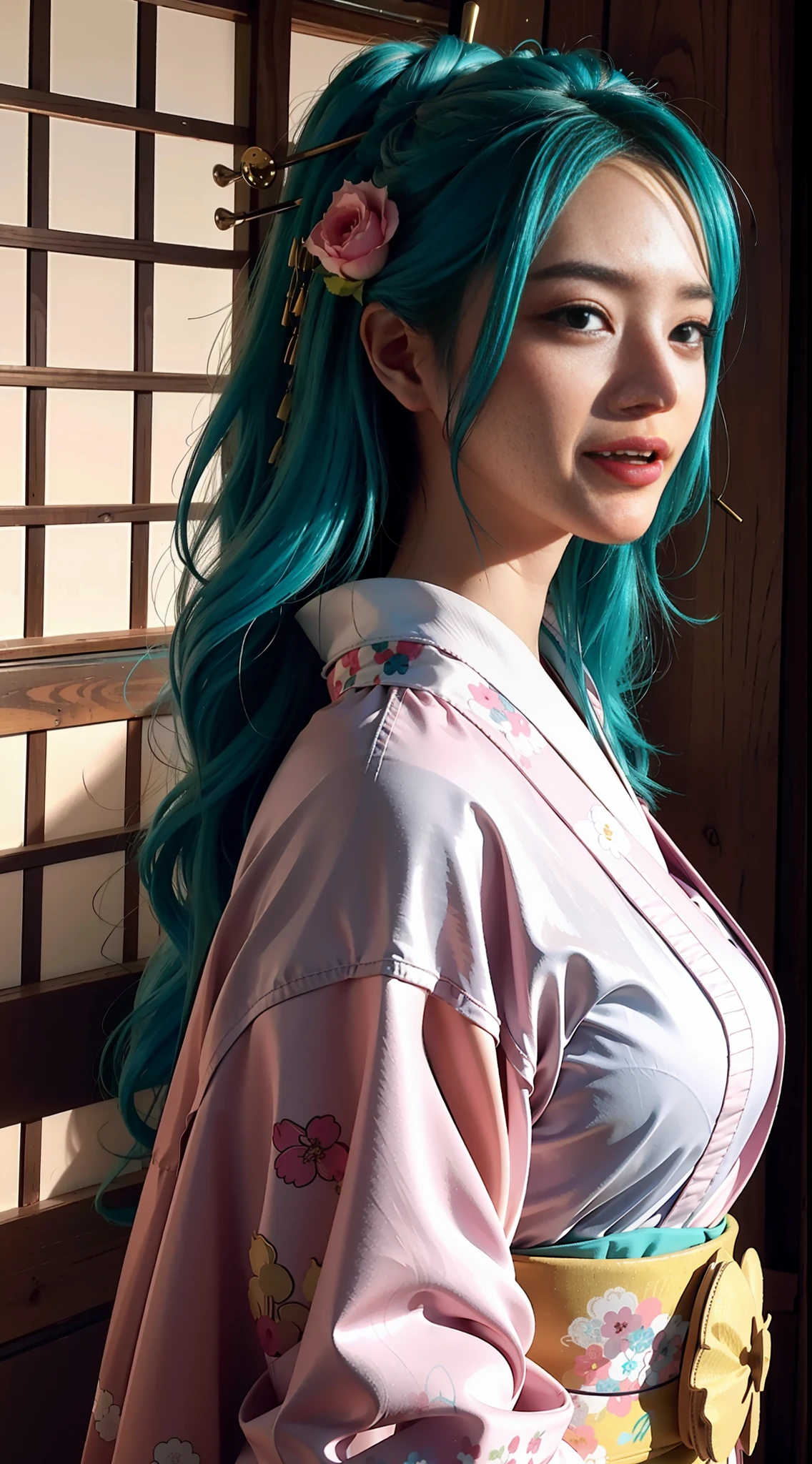 KozukiHiyori, ((masterpiece:1.4, best quality)), ((masterpiece, best quality)), (photo realistic:1.4), medium breasts, Japanese actress, big black eyes, cute, young, smiling, (aqua hair ), hair flower, (pink kimono, floral kimono), makeup, kimono, lipstick, long hair, hair stick, hairpin, castle, cityscape, blue sky, professional lighting, physically-based rendering