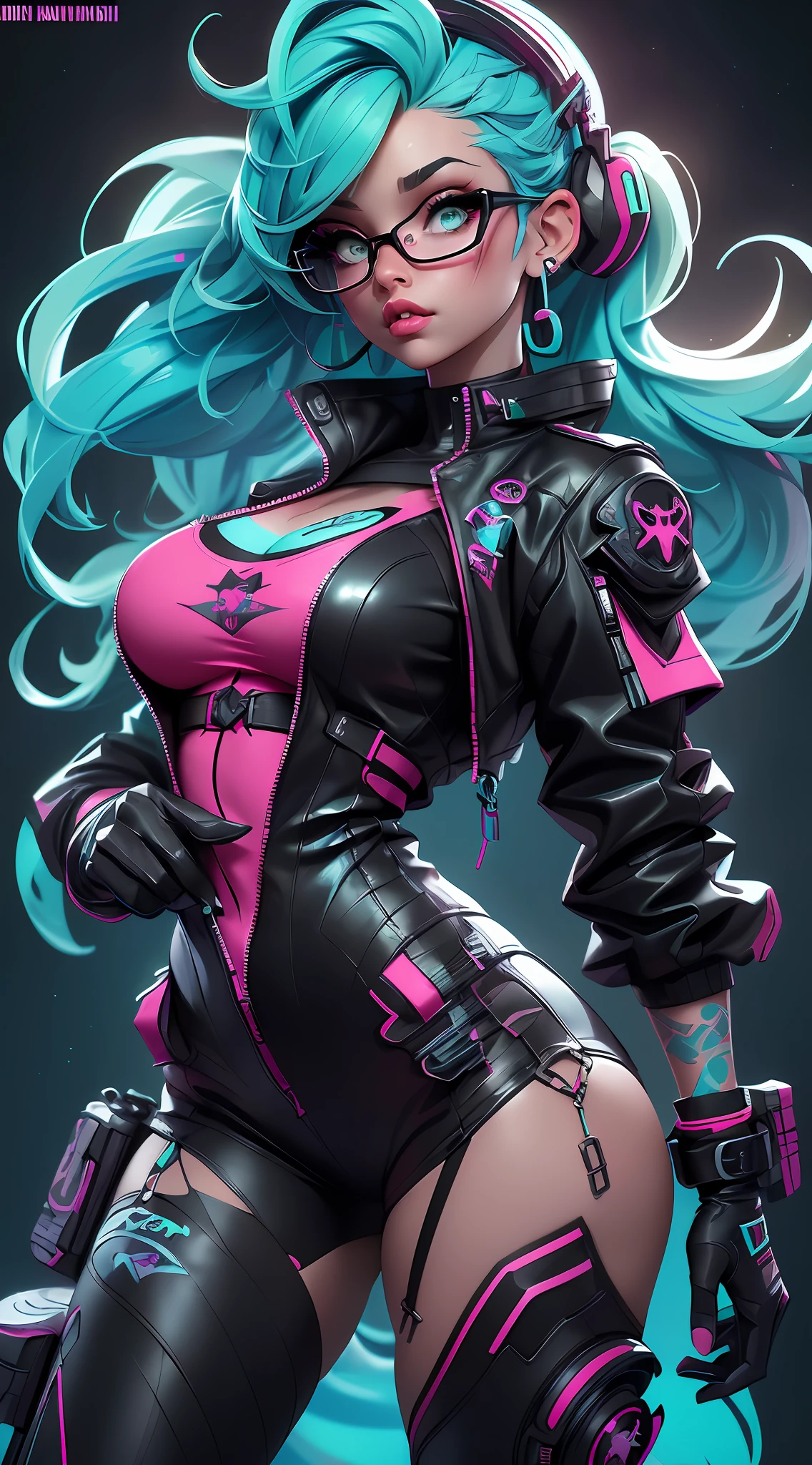 ((Best Quality)), ((Masterpiece)), ((Realistic)) and ultra-detailed photography of a 1nerdy girl with goth and neon colors. She has ((turquoise hair)), wears a (tech-wear jacket top) and a (black g-string with red patterns) , ((beautiful and aesthetic)), sexy, under-boobs, hot (by Thomas Benjamin Kennington), ( by Pixelsketcher), (by Bayard Wu)