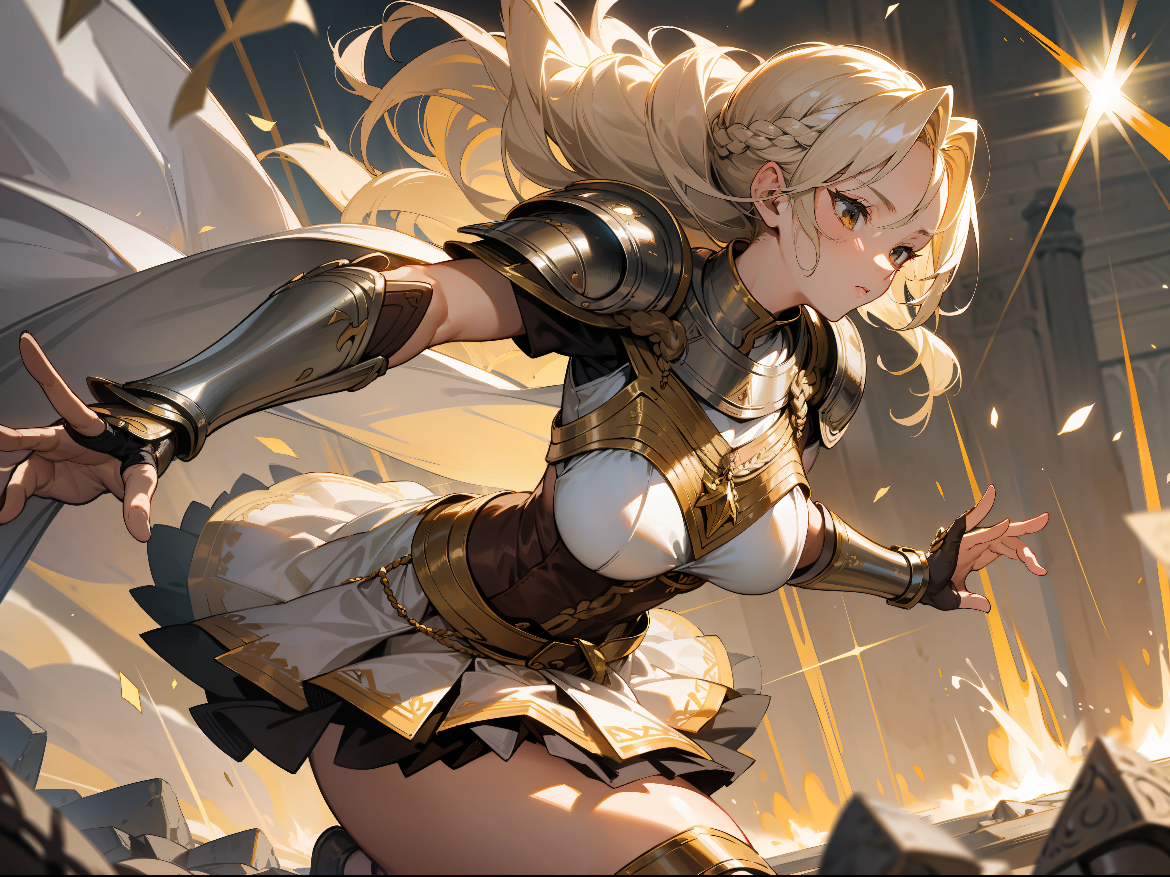 masterpiece, best quality, mature woman, warrior, light blonde braided hair, brown clothing, silver pectoral armor, silver shin guard, exposed thighs, skirt, costume, medieval, in a battle arena, dynamic pose, beautiful detailed glow.