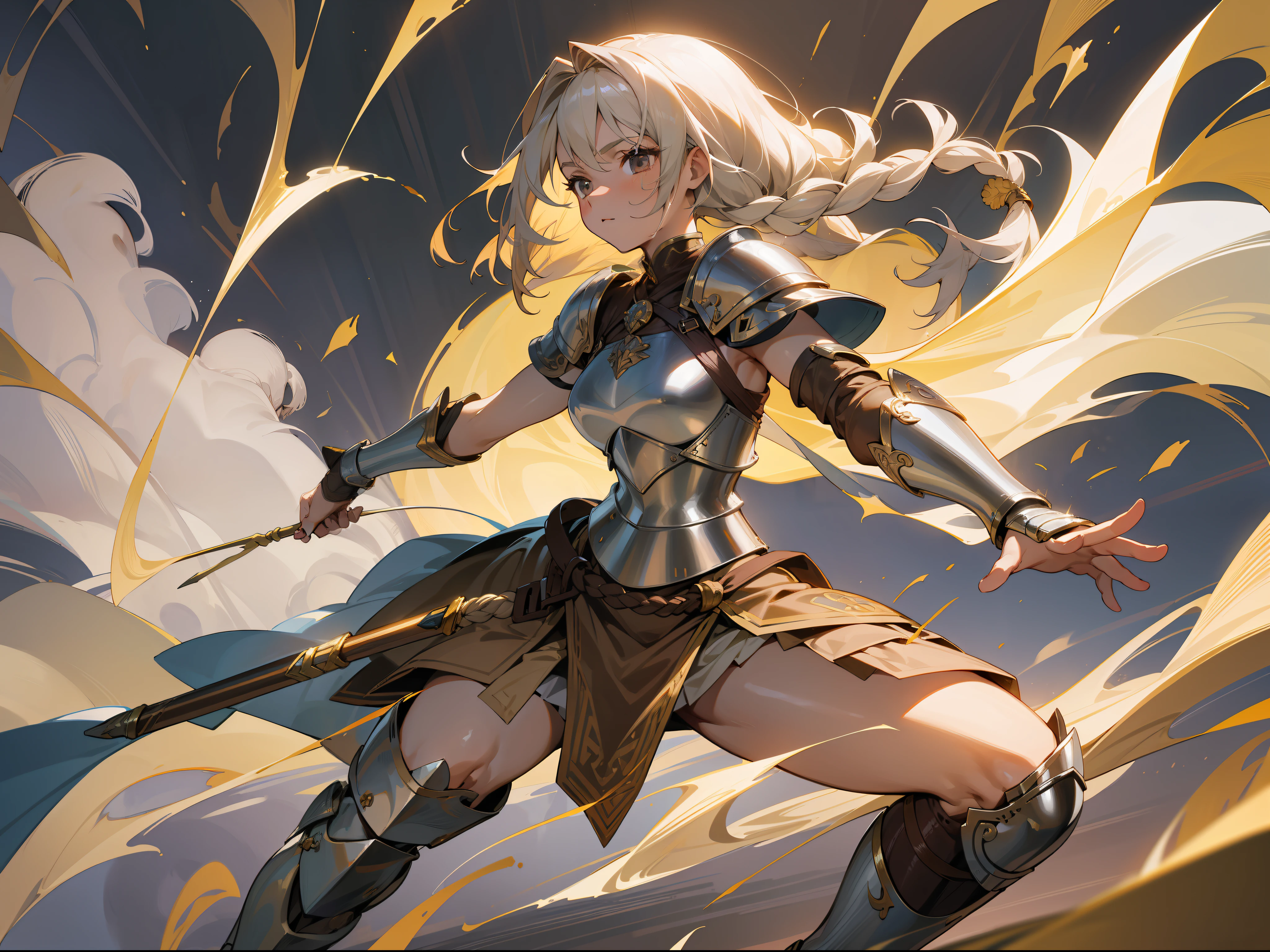 masterpiece, best quality, mature woman, warrior, light blonde braided hair, brown clothing, silver pectoral armor, silver shin guard, exposed thighs, skirt, costume, medieval, in a battle arena, dynamic pose, beautiful detailed glow.