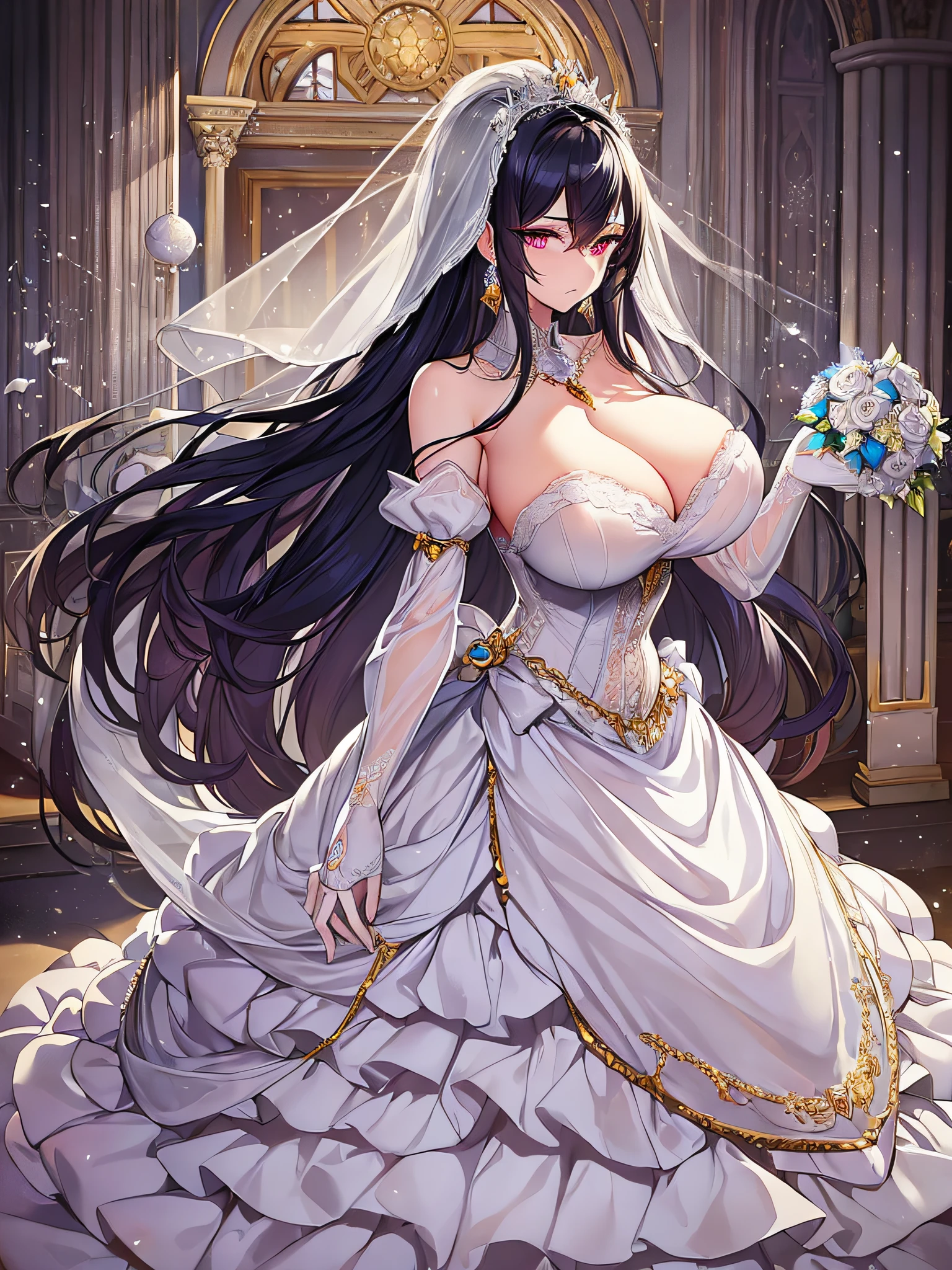 ((anime artstyle)),(Masterpiece), (Best Quality), (Super Detail), Illustration, (((Very Delicate and Beautiful))),Dynamic Angle,Looking at viewer,((((Solo)))),(((Full body))),(((1 arrogant empress in See-through white wedding dress having a wedding ceremony in a royal palace))),(standing),(((embarrassed))),anguish,Purple eyes,(Sharp eyes),Detailed Face, Long Eyelashes,Jet Black Hair,Straight Hair,((Very Long Hair)),Bangs between eyes,((((gigantic breasts)))),cleavage,((skindentation)),curvy,off shoulder,See-through,(((fusion of See-through white wedding dress and white rococo ball gown))),(fluffy See-through rococo white wedding ball gown with gorgeous embroidery),(((hoop skirt))),long skirt,corset,crinoline,long bridal veil,ultra long gloves,Beautifully Gorgeous jeweled big tiara,Beautifully Gorgeous gem earrings,Beautifully Gorgeous jeweled necklace,Beautifully Gorgeous jeweled ornaments,indoor,white lily flowers, flower petals flowing,Stained glass,light particles,Sacred Light