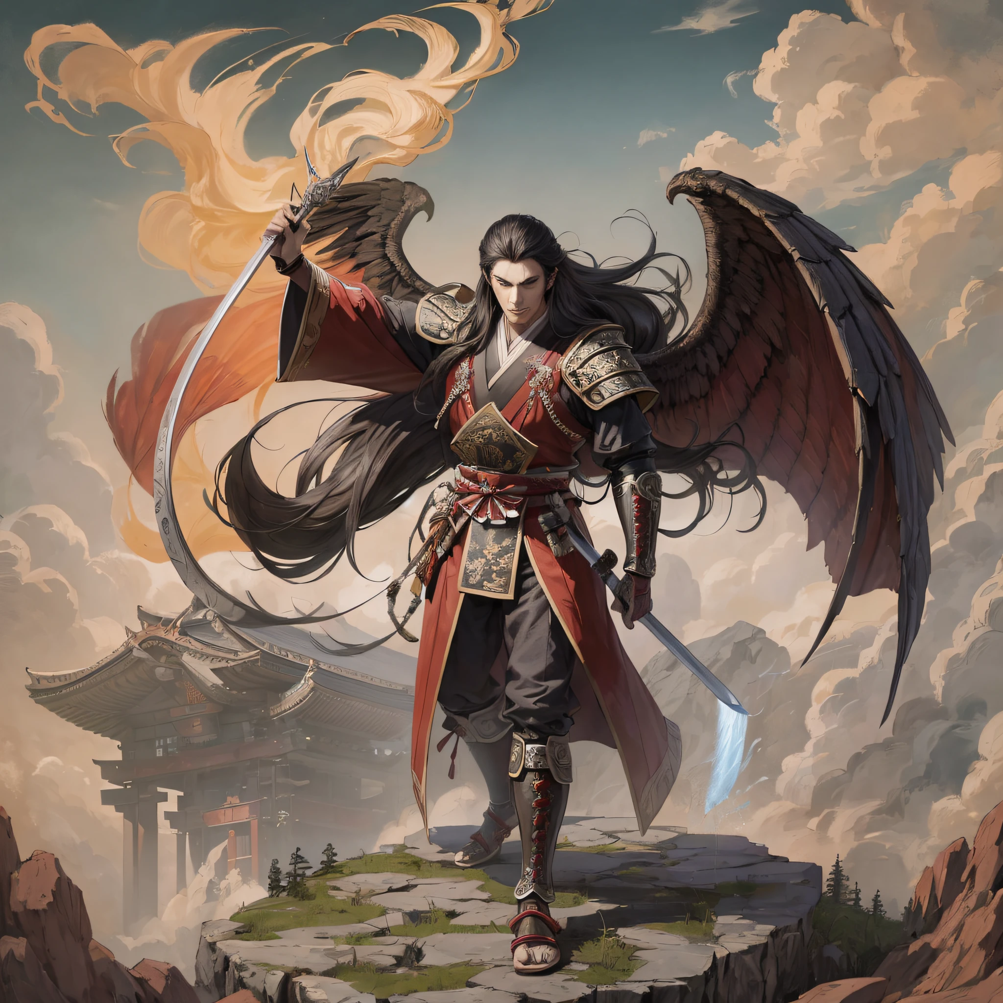 A young samurai man with long hair, wielding swords, fighting a demon with red skin, large wings and horns with a large stature, with a Japanese temple, forests and smoke as a backdrop, using the style of isometric anime --auto --s2