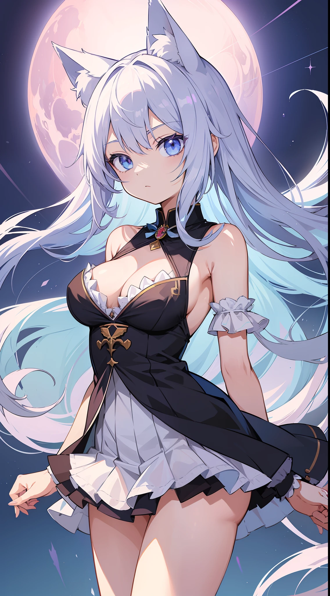 (Masterpiece), (Top Quality Anime Illustrations), (Super Definition), One Girl, Solo, Beautiful Girl with Silver Hair, Anime , Cat Ear Lolitite Loli, Siriestly Uniform, See-through, Cleavage Emphasis, Lower Breast Enhancement, Thigh Focus, Tarot Card Wind